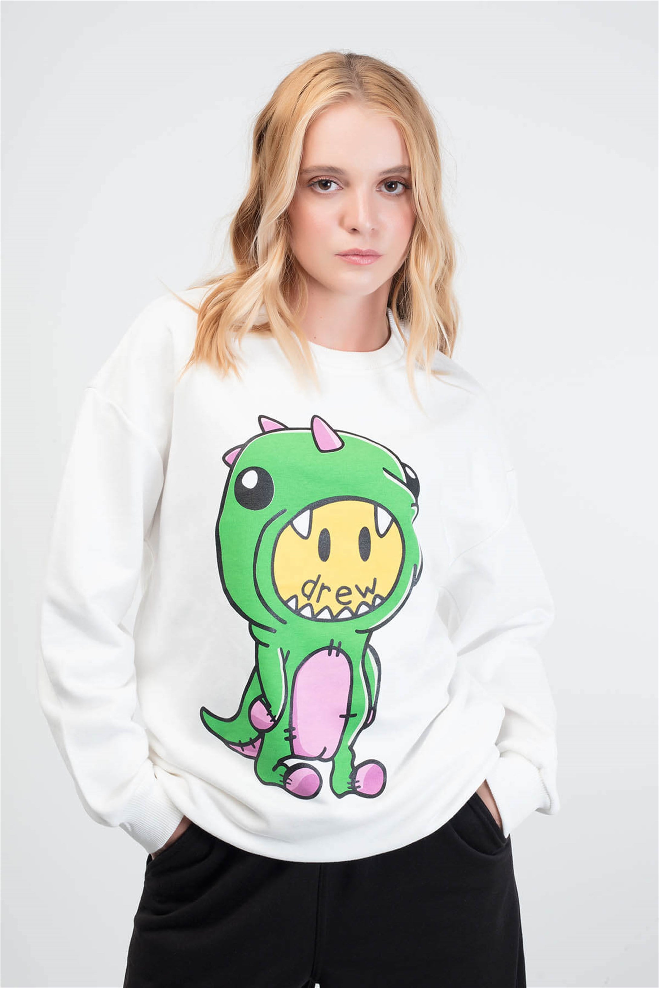 Trendiz Drew Dinosaur Unisex Yuvarlak Yaka Sweatshirt Beyaz 111172