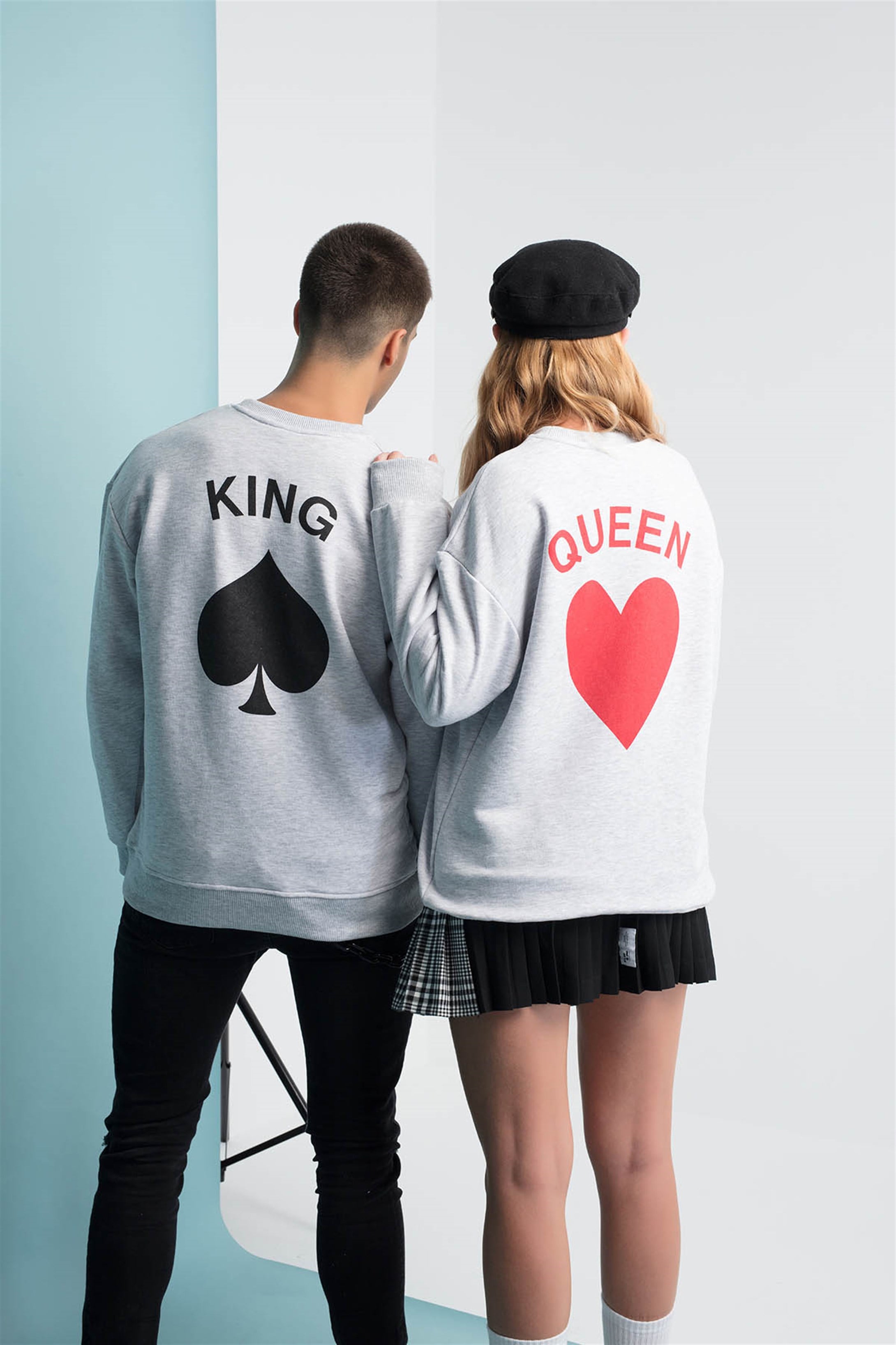 Trendiz King & Queen Couple Yuvarlak Yaka Sweatshirt Gri 121117