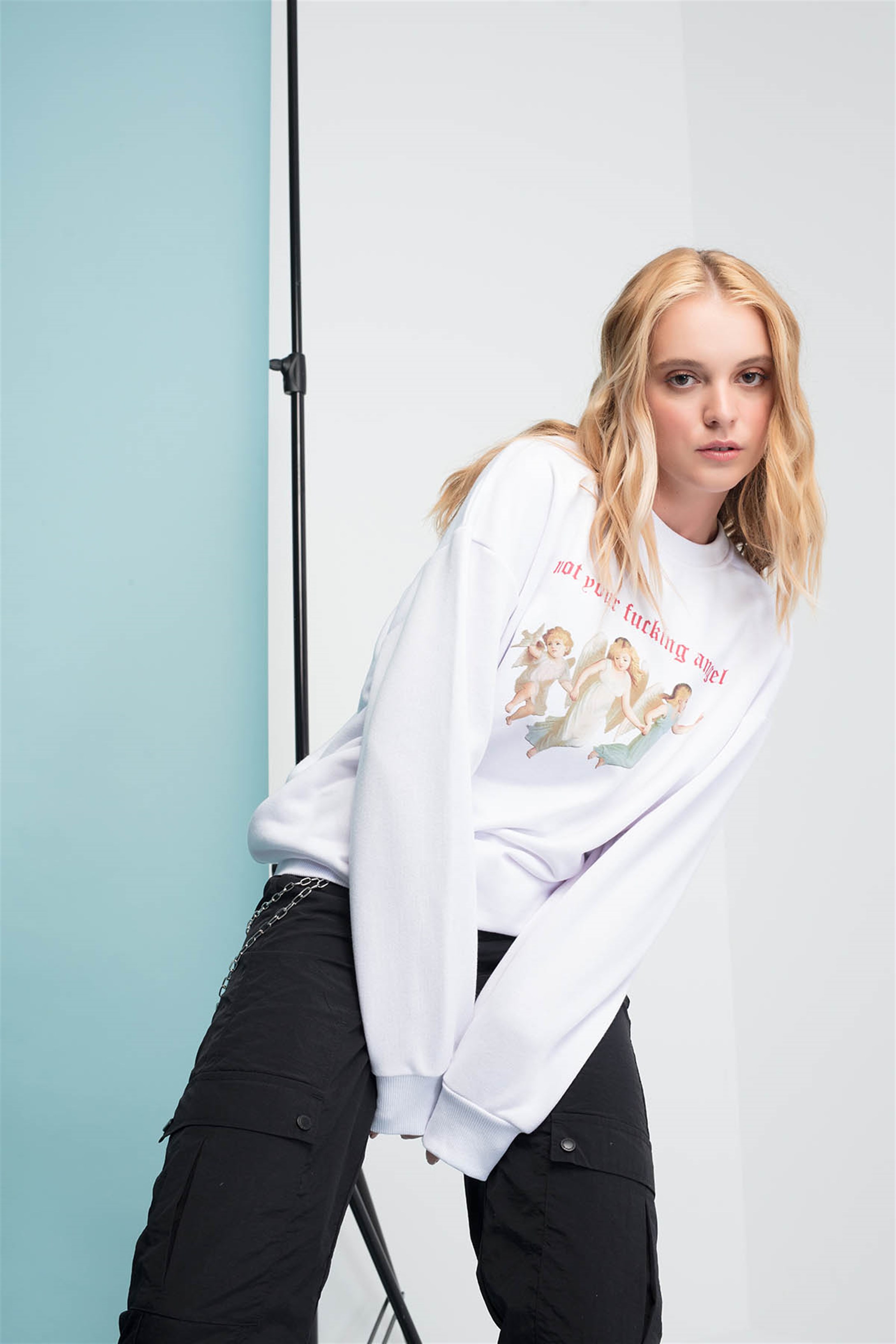 Trendiz Not Angel Yuvarlak Yaka Sweatshirt Beyaz 111124