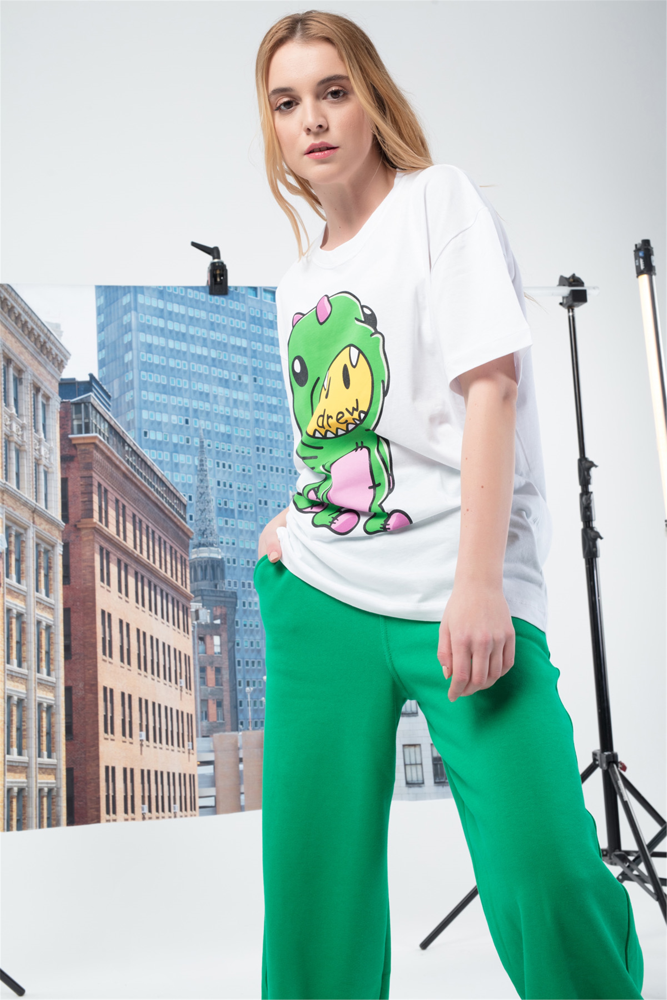 Trendiz Oversize Drew Unisex Özel Seri Tshirt Yesil-beyaz