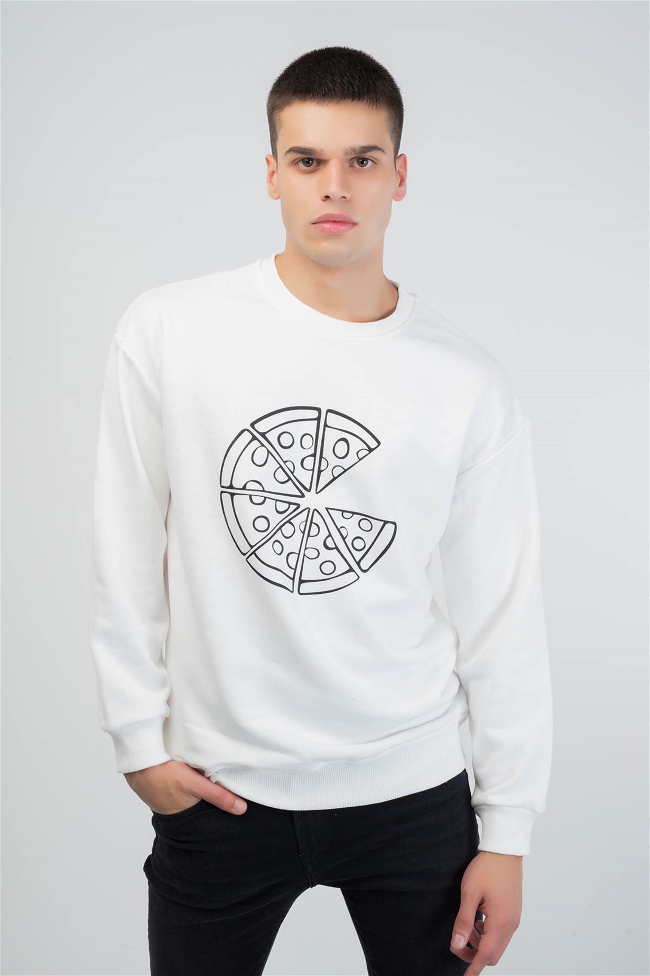 Trendiz Pizza Couple Erkek Yuvarlak Yaka Sweatshirt Beyaz 121107