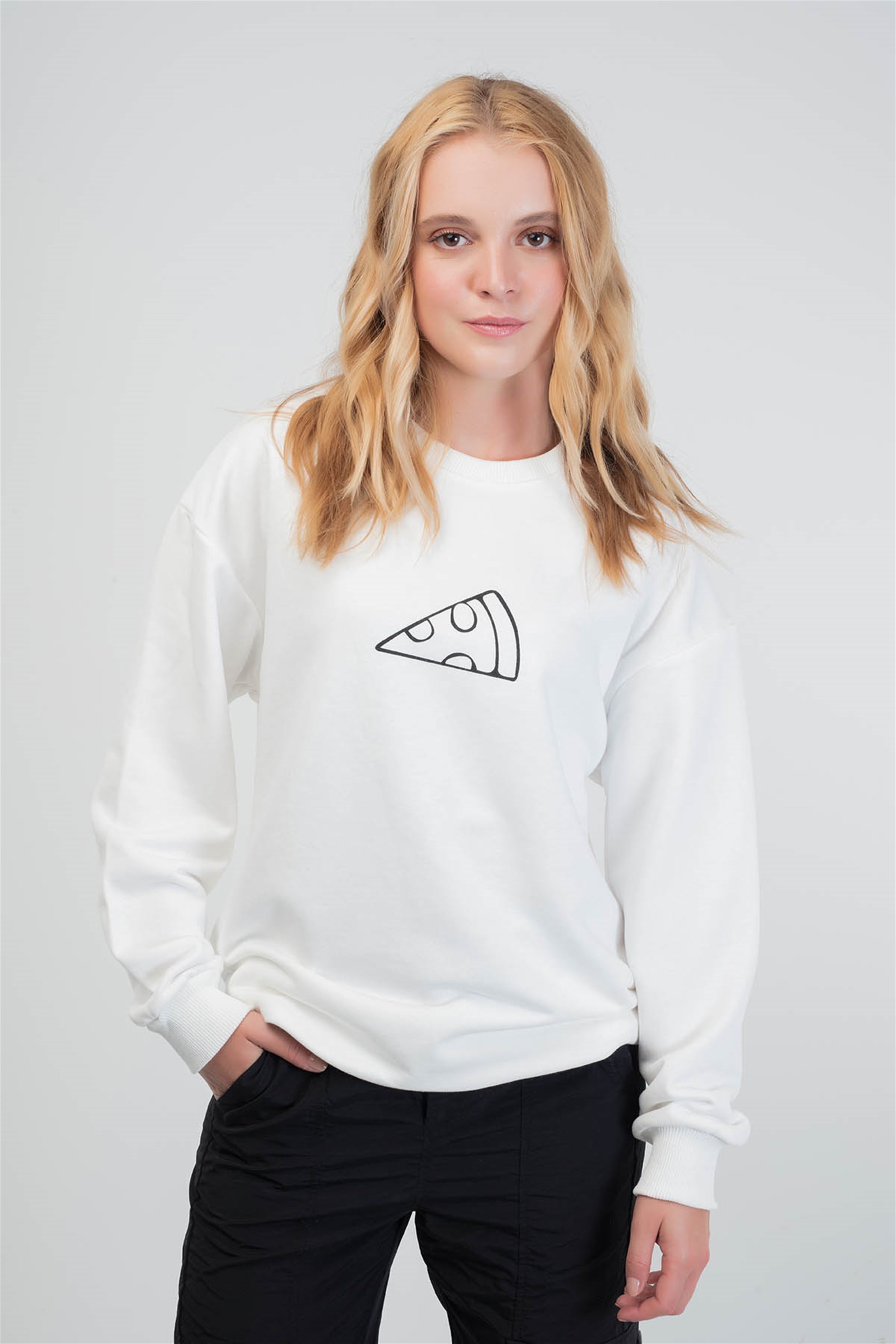 Trendiz Pizza Couple Kadın Yuvarlak Yaka Sweatshirt Beyaz 121107
