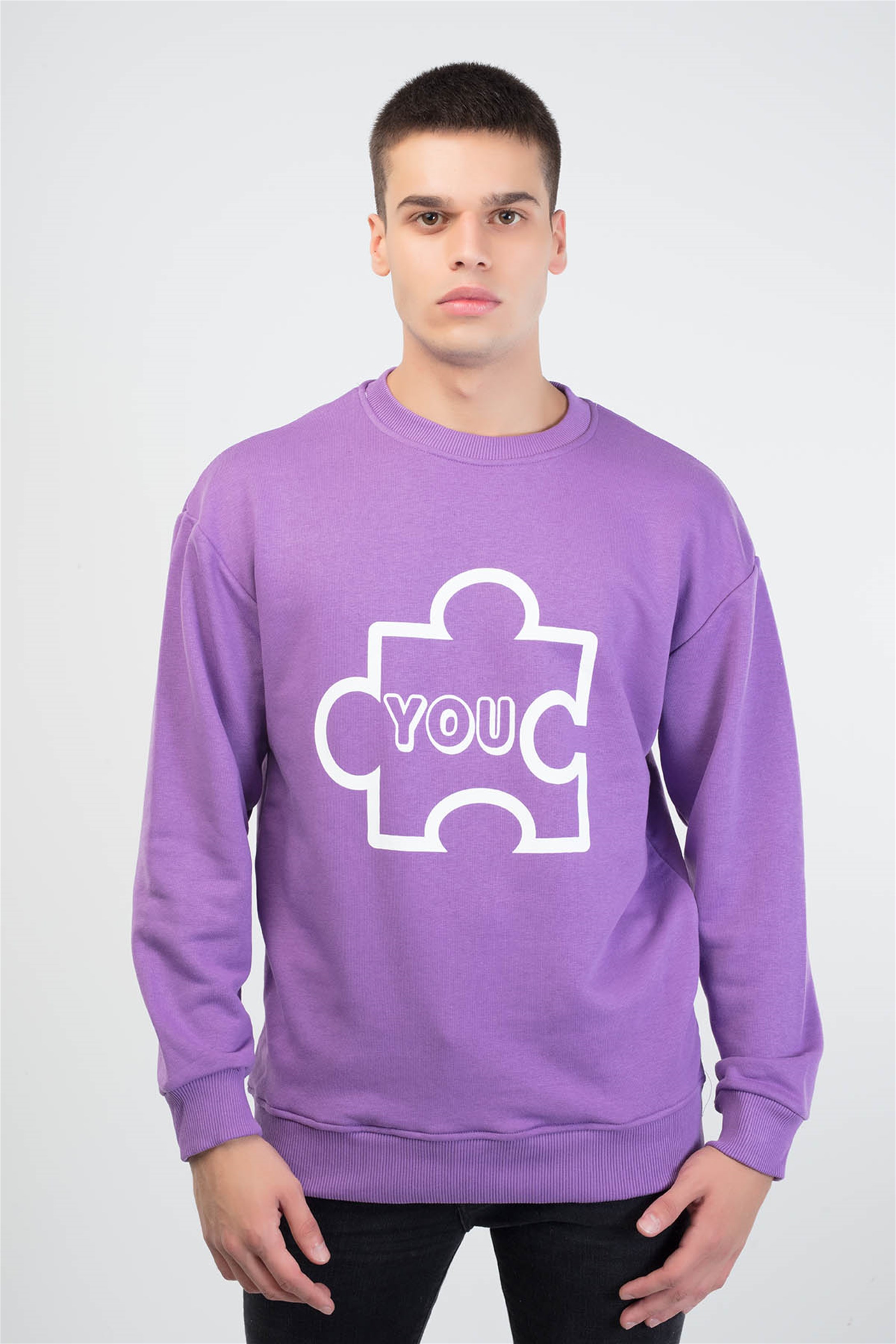 Trendiz Puzzle Couple Erkek Yuvarlak Yaka Sweatshirt Mor 121109