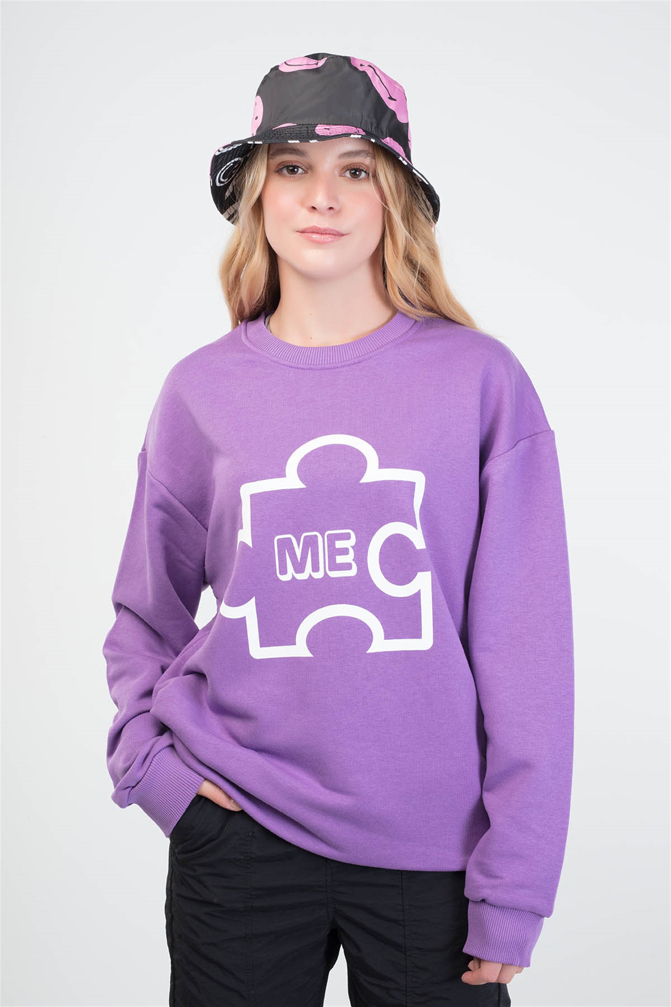 Trendiz Puzzle Couple Kadın Yuvarlak Yaka Sweatshirt Mor 121109
