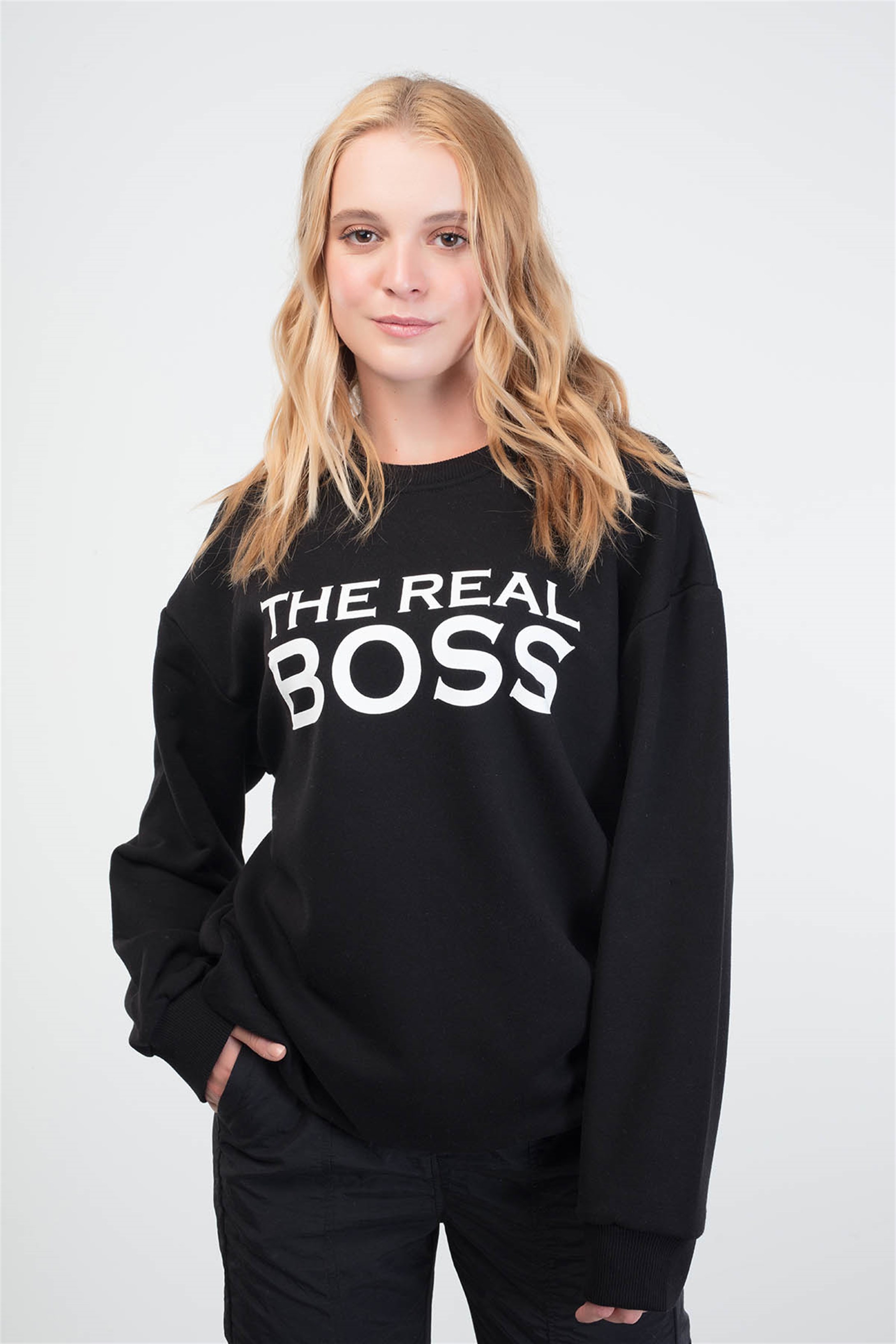 Trendiz The Real Boss Couple Kadın Yuvarlak Yaka Sweatshirt Siyah 121112
