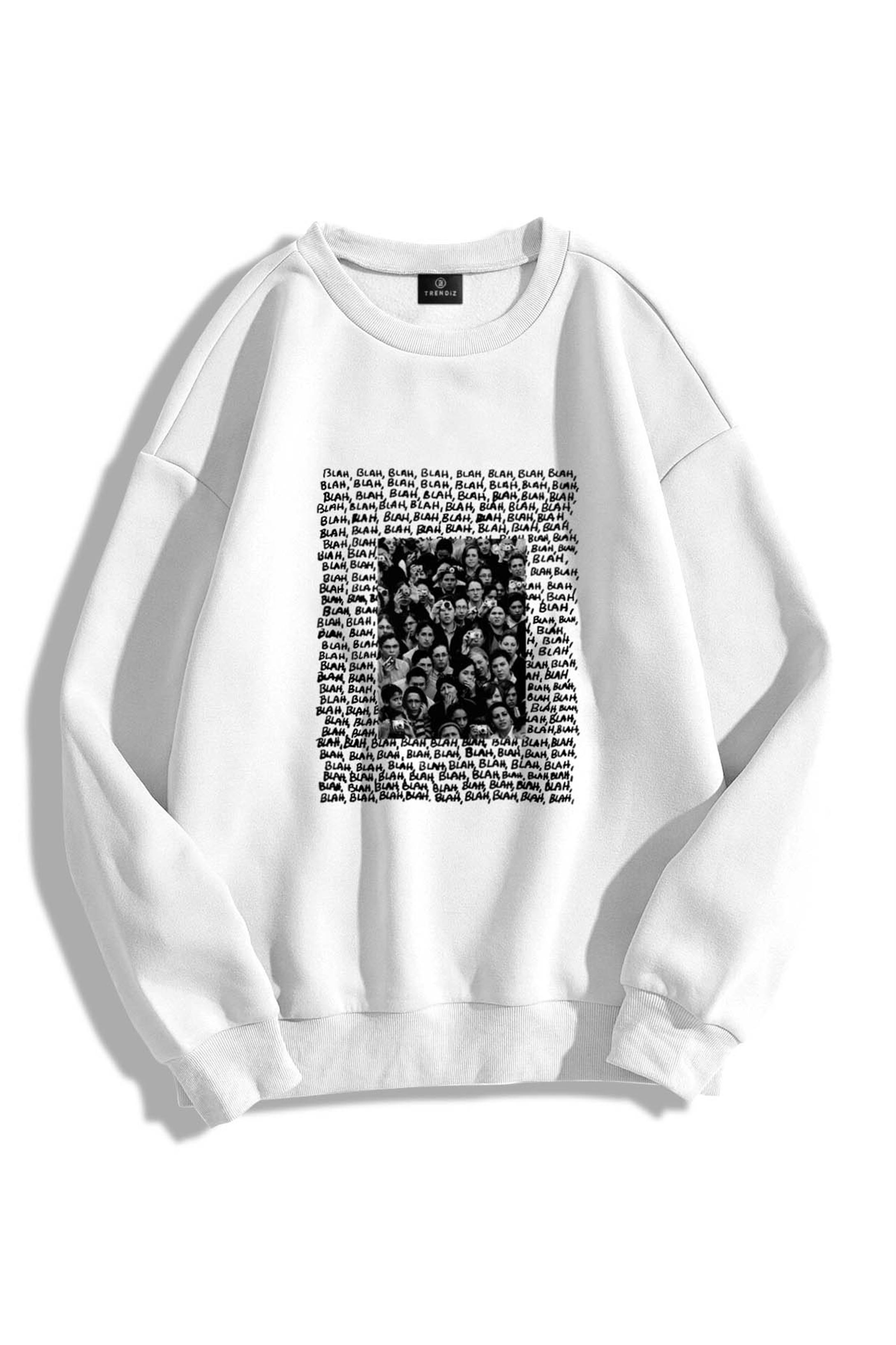 Trendiz Unisex Blah Blah by Bisiklet Yaka Sweatshirt Beyaz