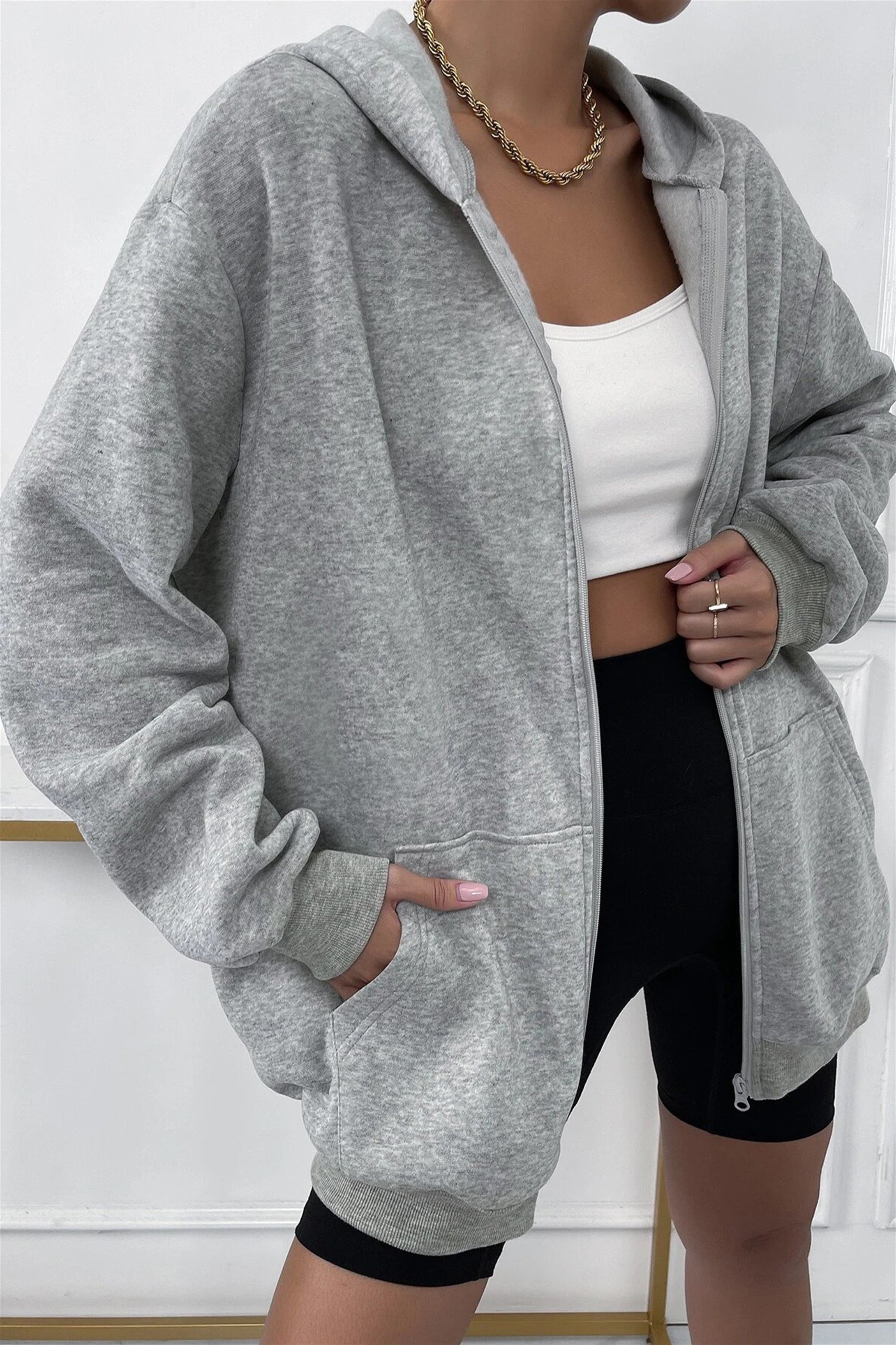 Trendiz Unisex Fermuarlı Gri Oversize Sweatshirt