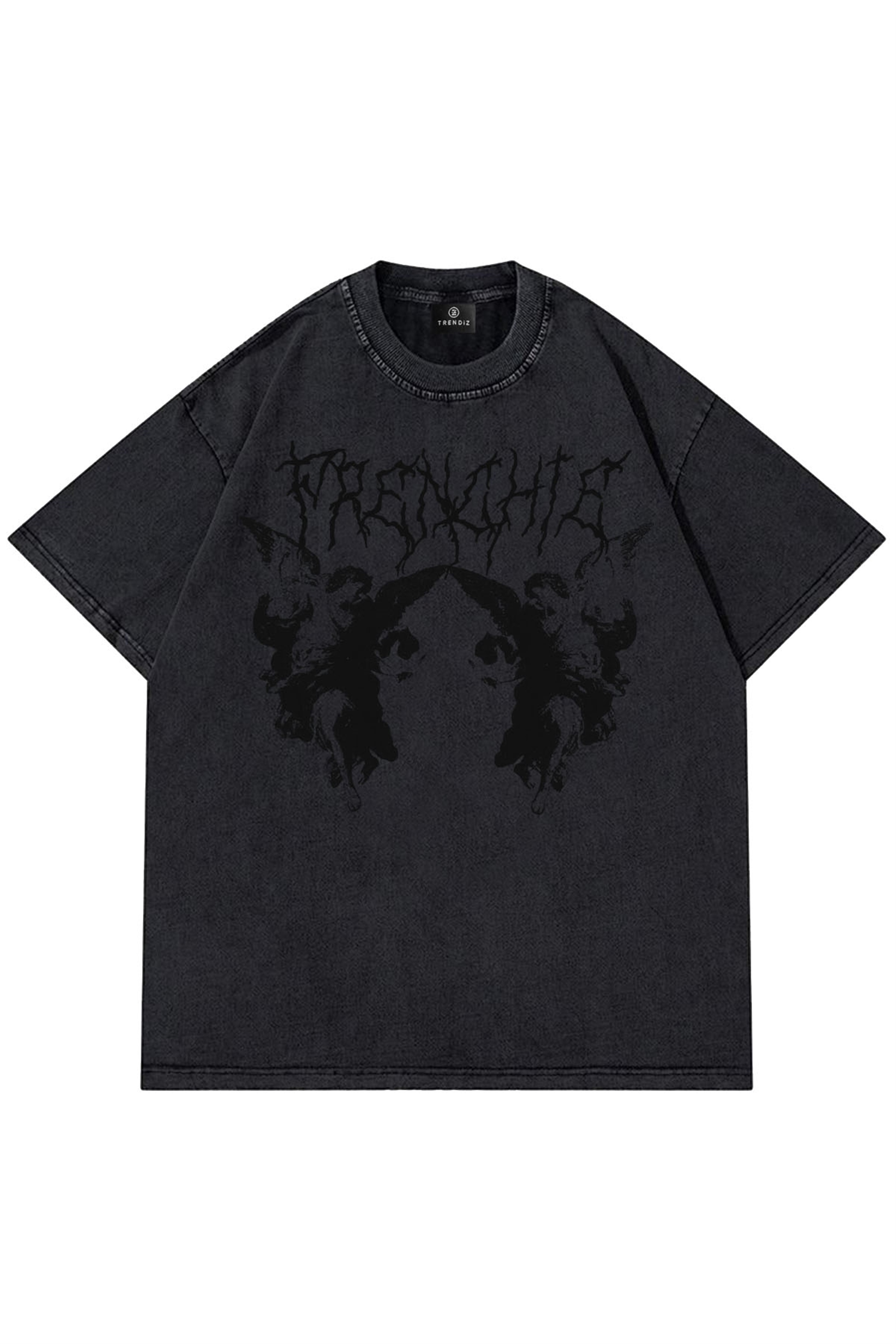Trendiz Unisex Gothic Angel Yıkamalı Antrasit Tshirt