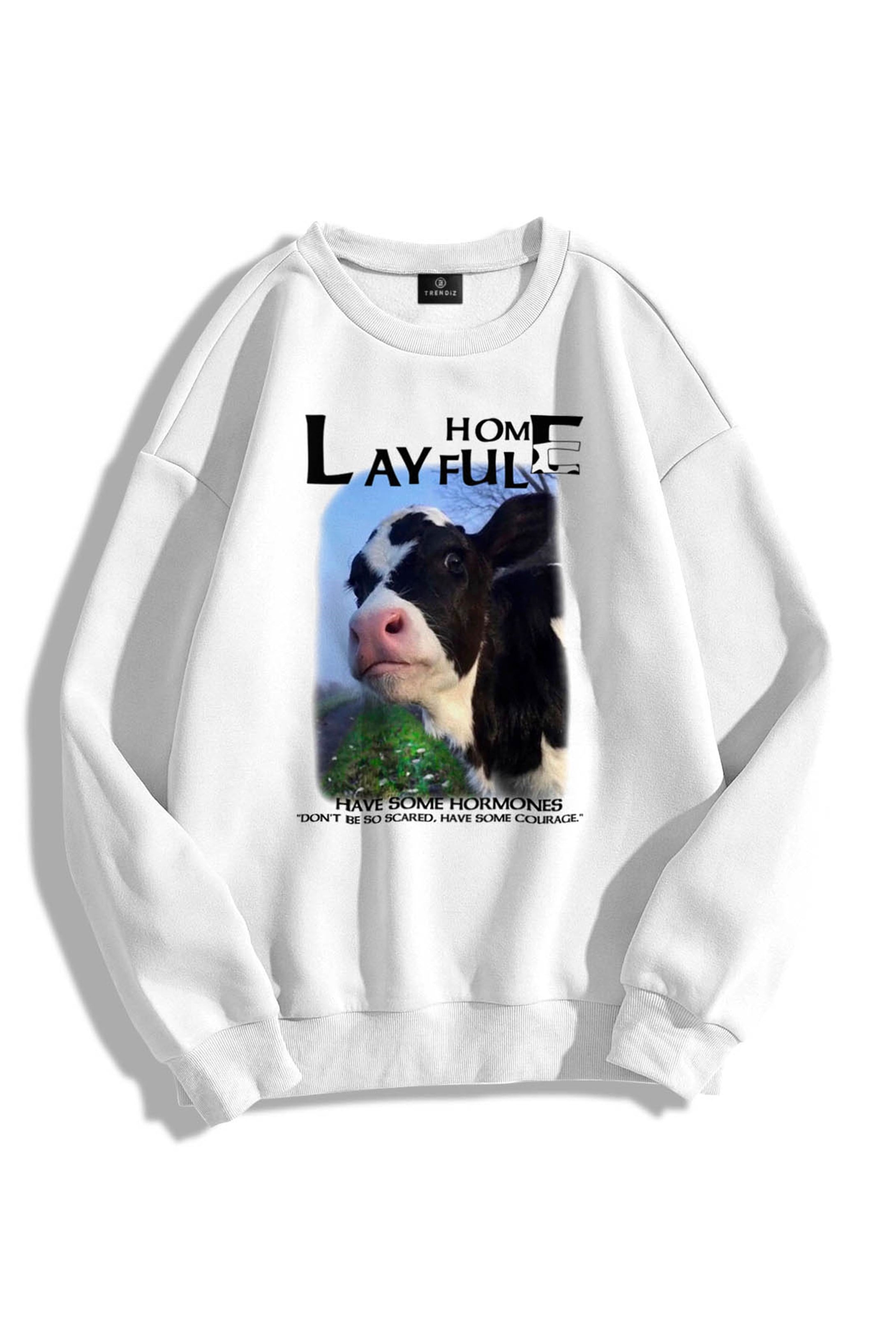 Trendiz Unisex Layful Bisiklet Yaka Sweatshirt Beyaz