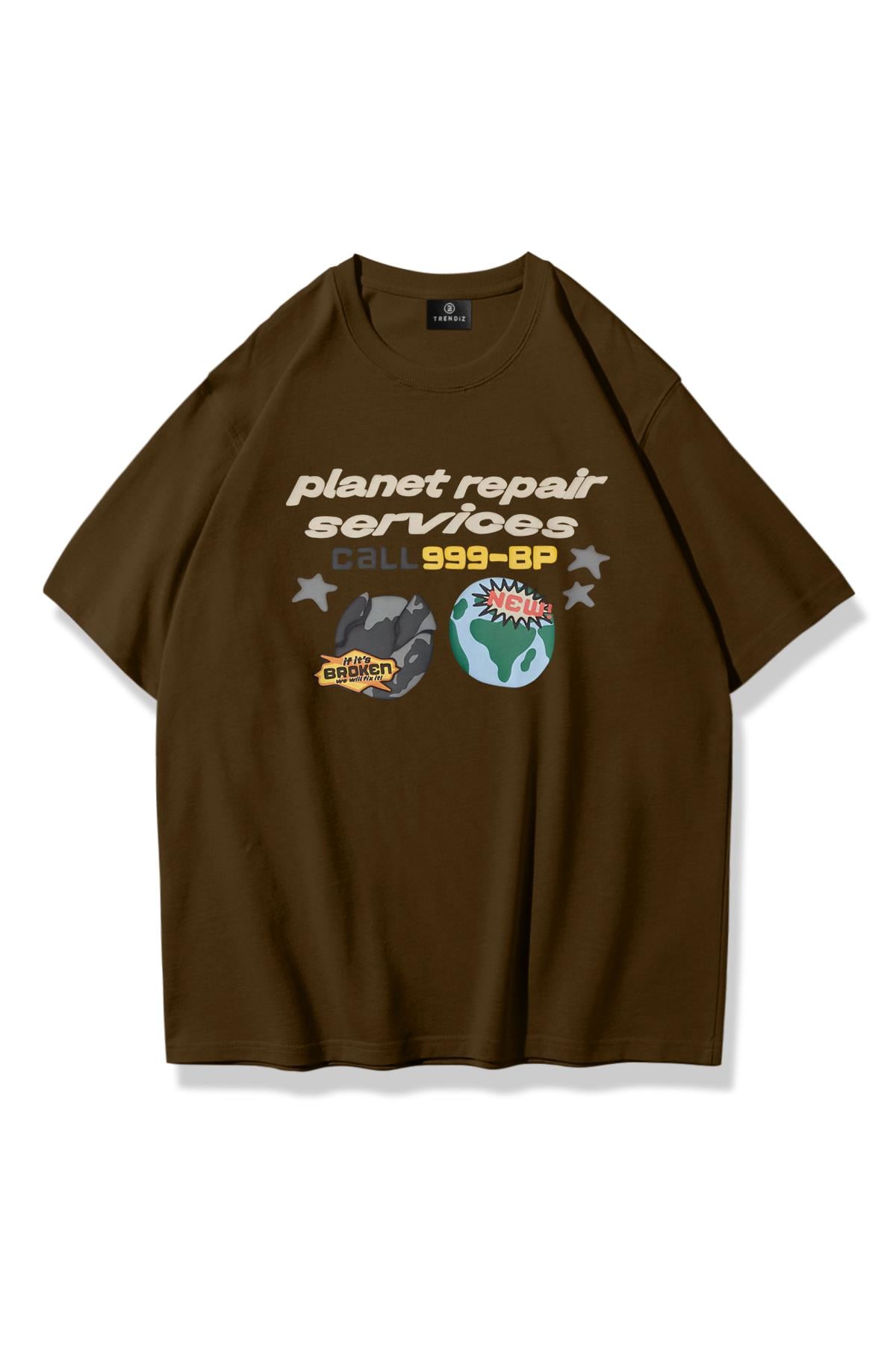 Trendiz Unisex Repair Planet Tshirt Kahve