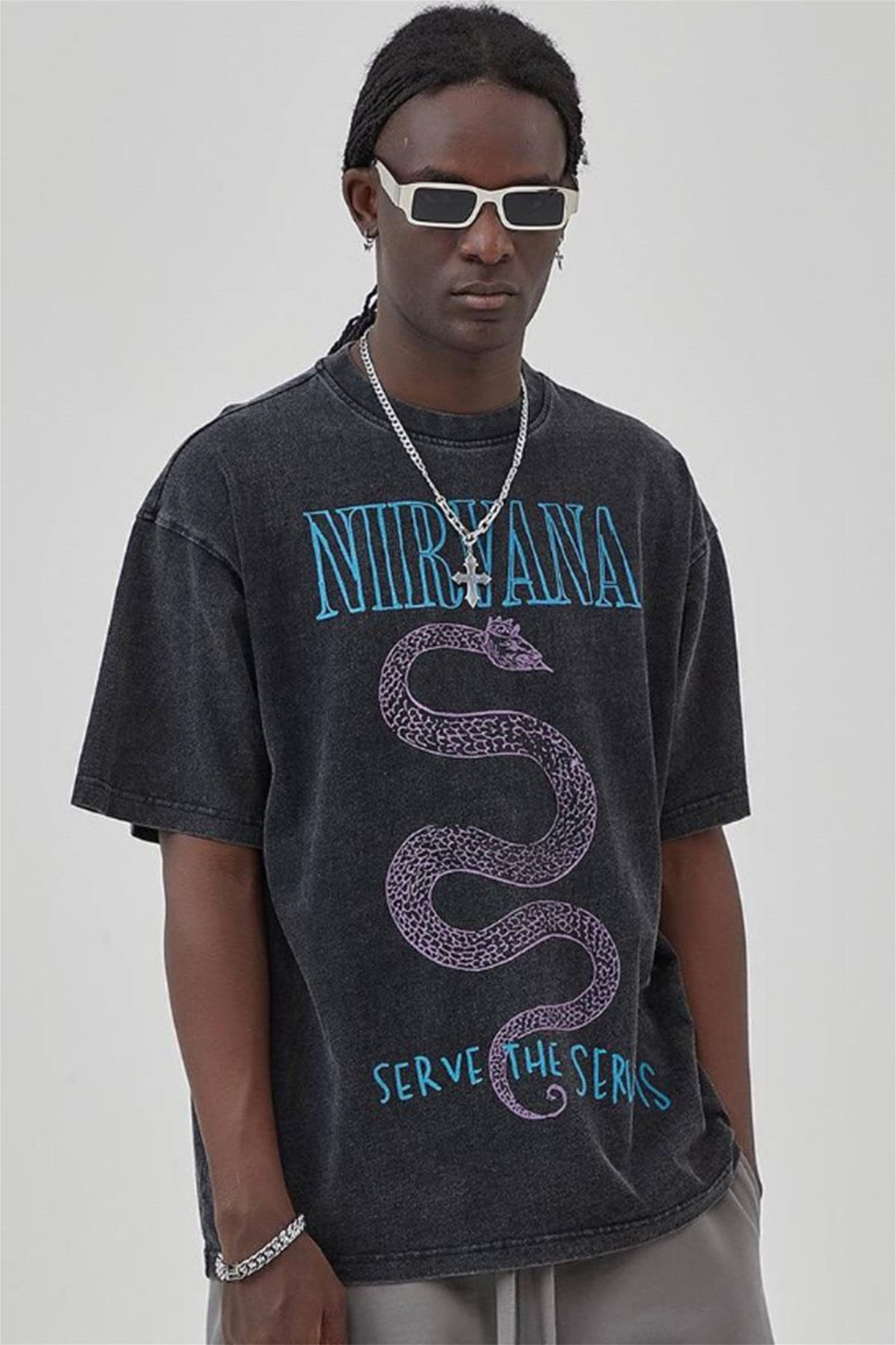Trendiz Unisex Serve the Servants Nirvana Yıkamalı Tshirt Antrasit