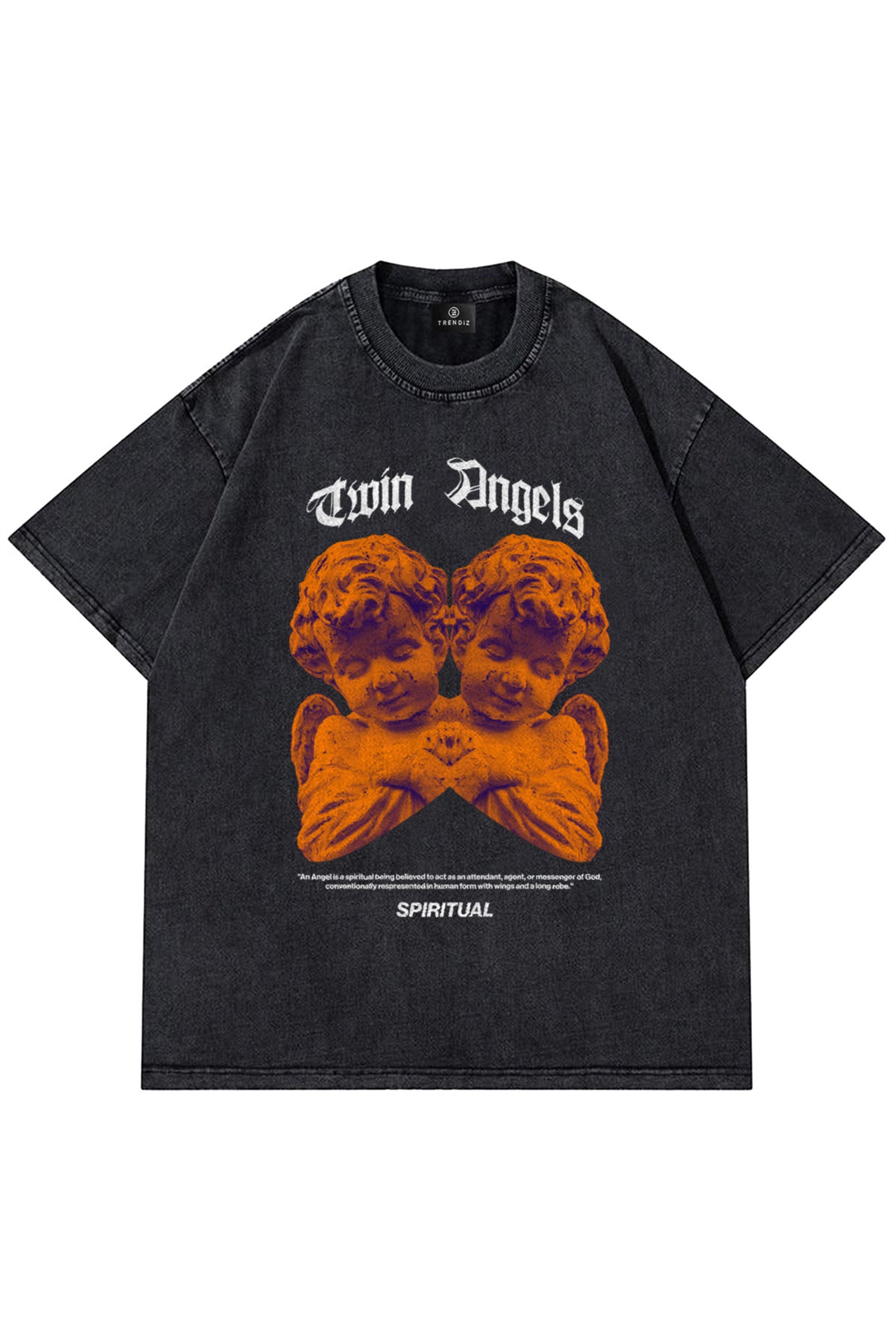Trendiz Unisex Twin Angels Yıkamalı Antasit Tshirt