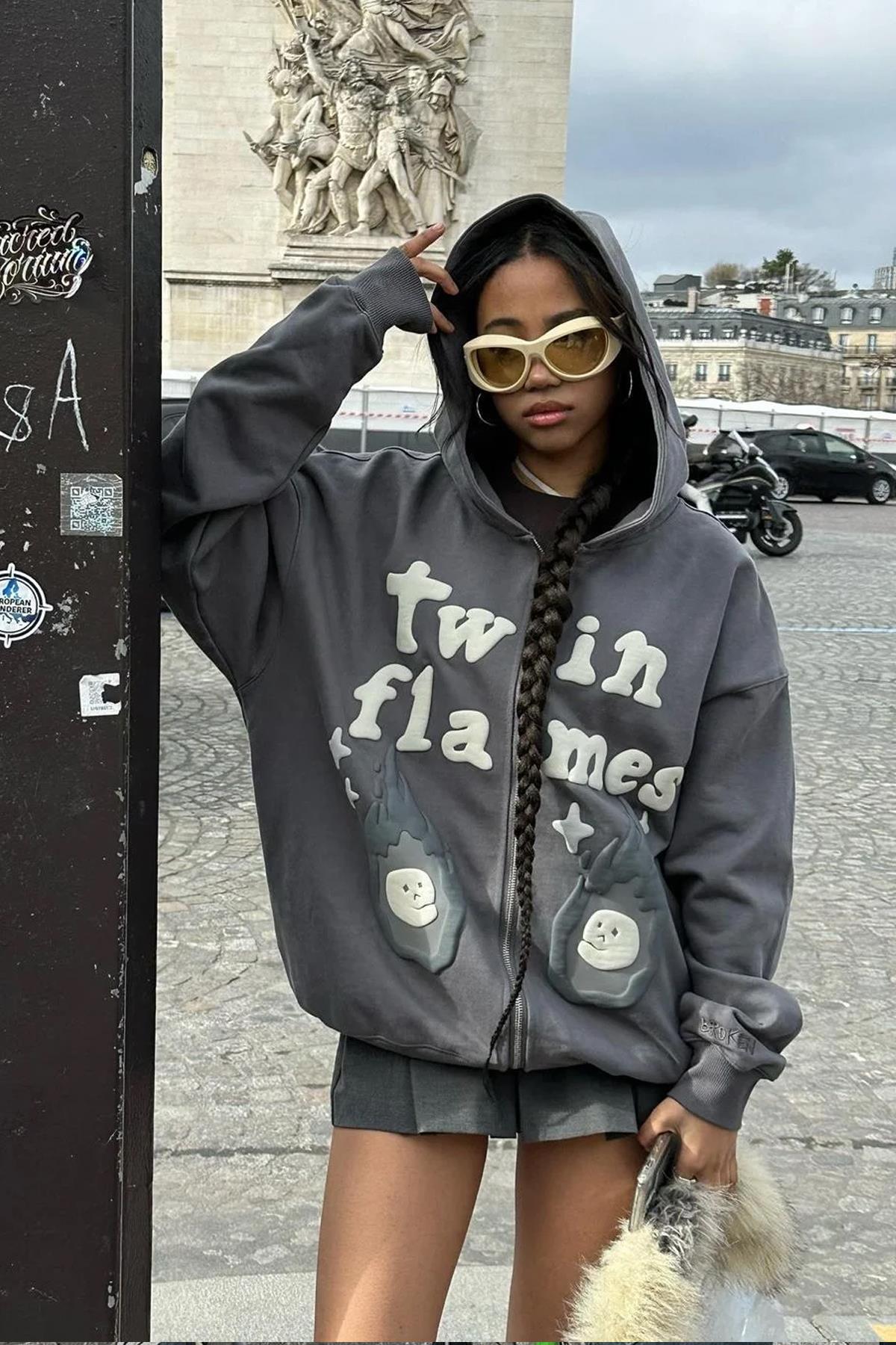 Trendiz Unisex Twin Flames Fermuarlı Sweatshirt Antrasit