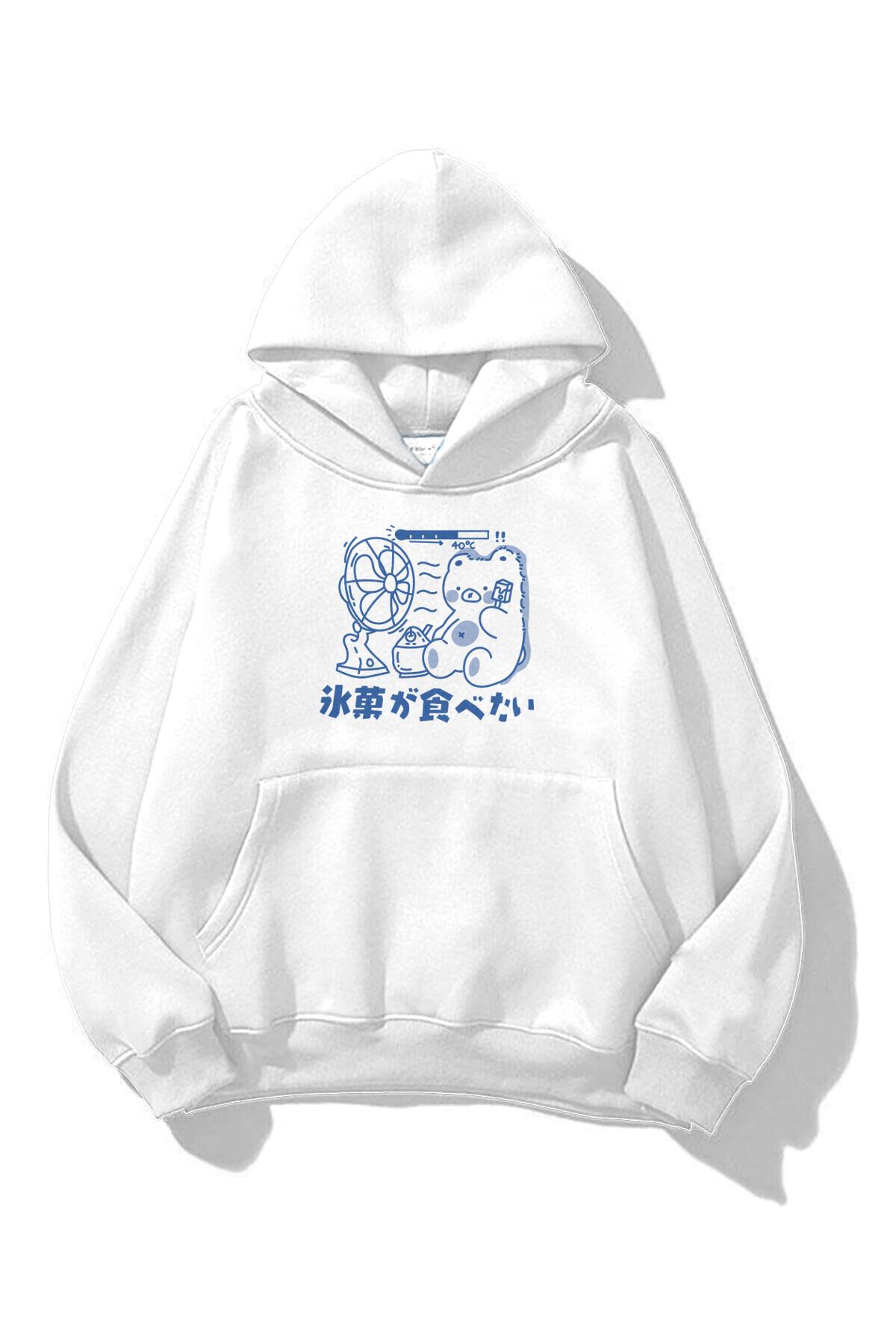 Unisex Bear & Fan Sweatshirt Beyaz