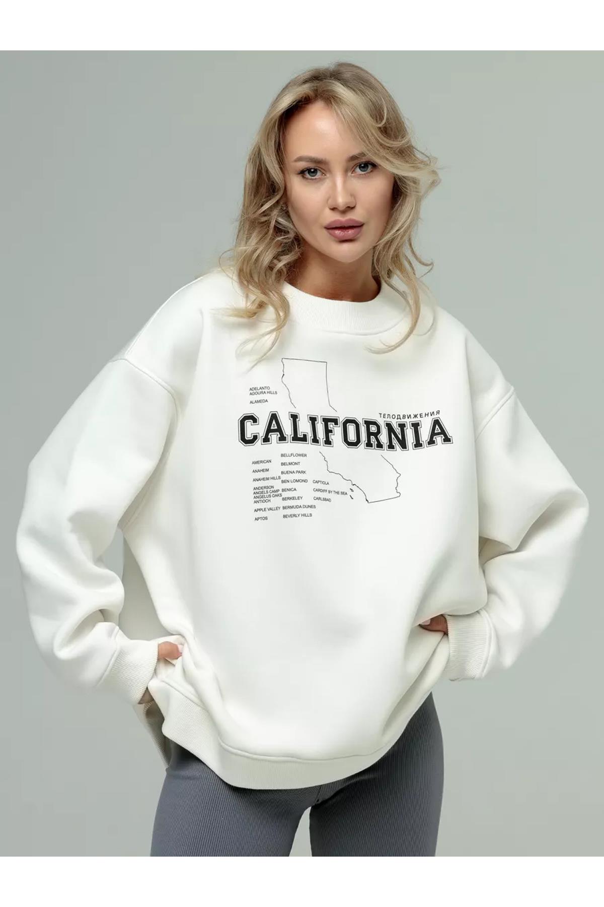 Unisex California Bisiklet Yaka Sweatshirt Beyaz