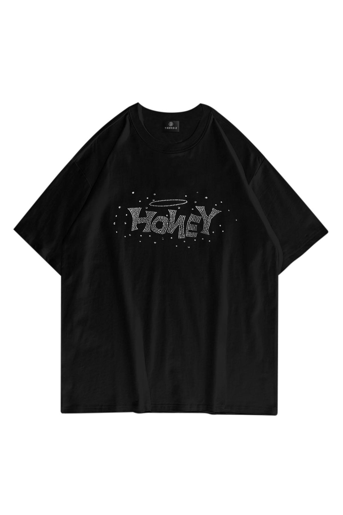 Unisex Honey Taş Baskılı Tshirt Siyah