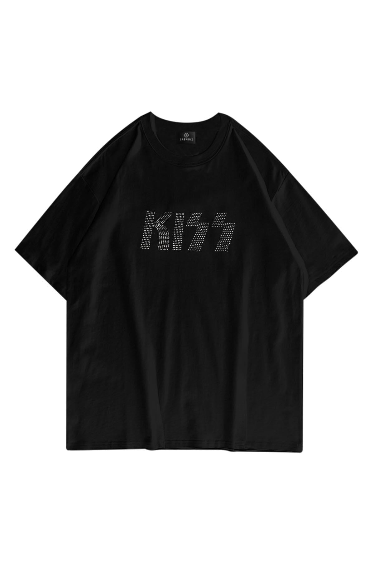 Unisex Kiss Taş Baskılı Tshirt Siyah