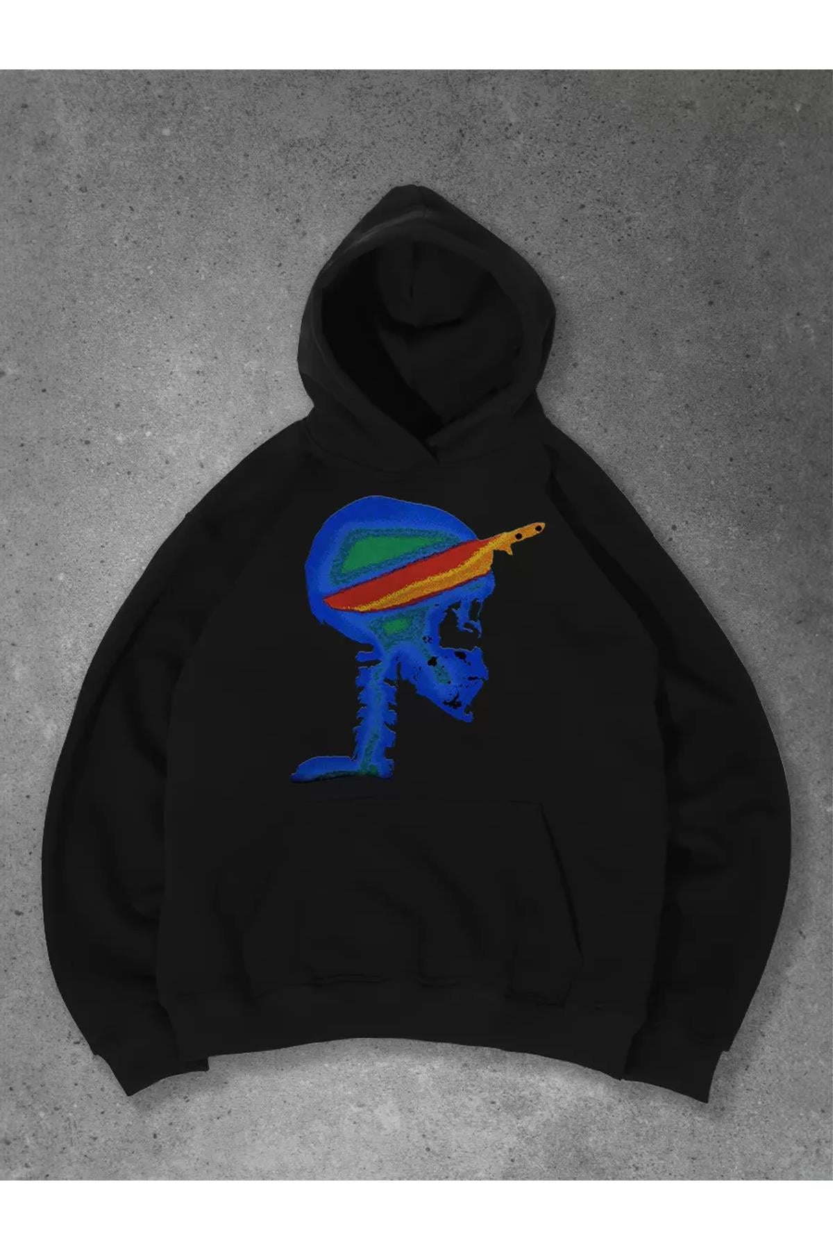 Unisex Knife in Skull Sweatshirt Siyah