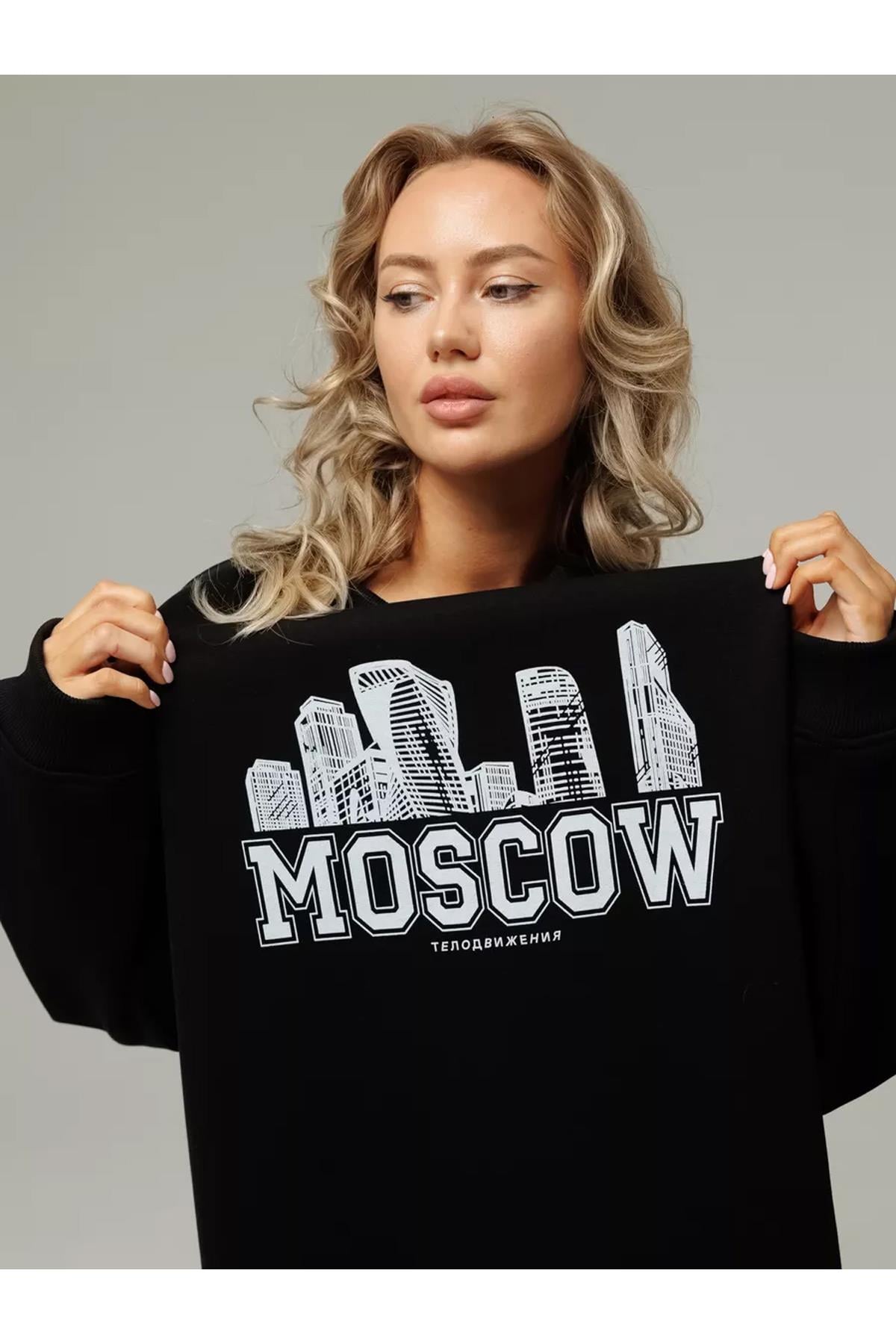 Unisex Moscow Bisiklet Yaka Sweatshirt Siyah