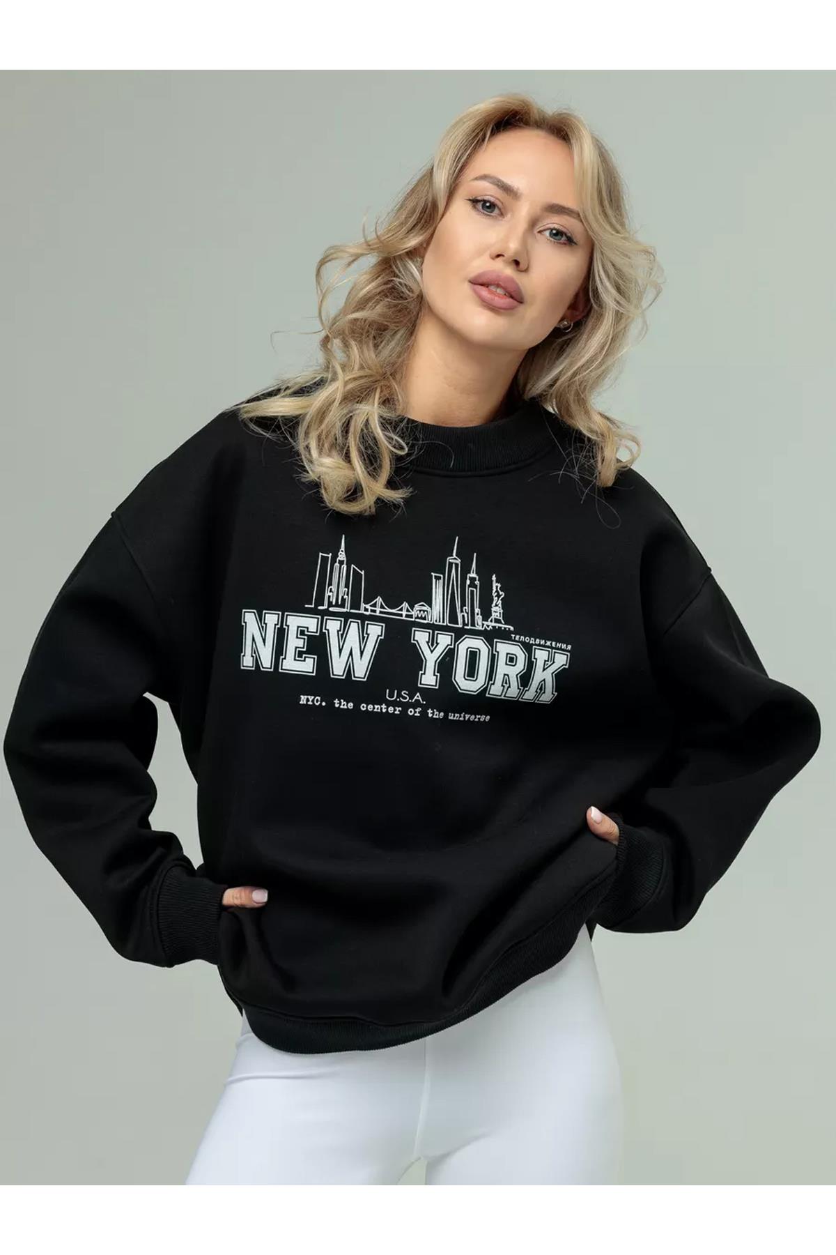 Unisex New York Bisiklet Yaka Sweatshirt Siyah