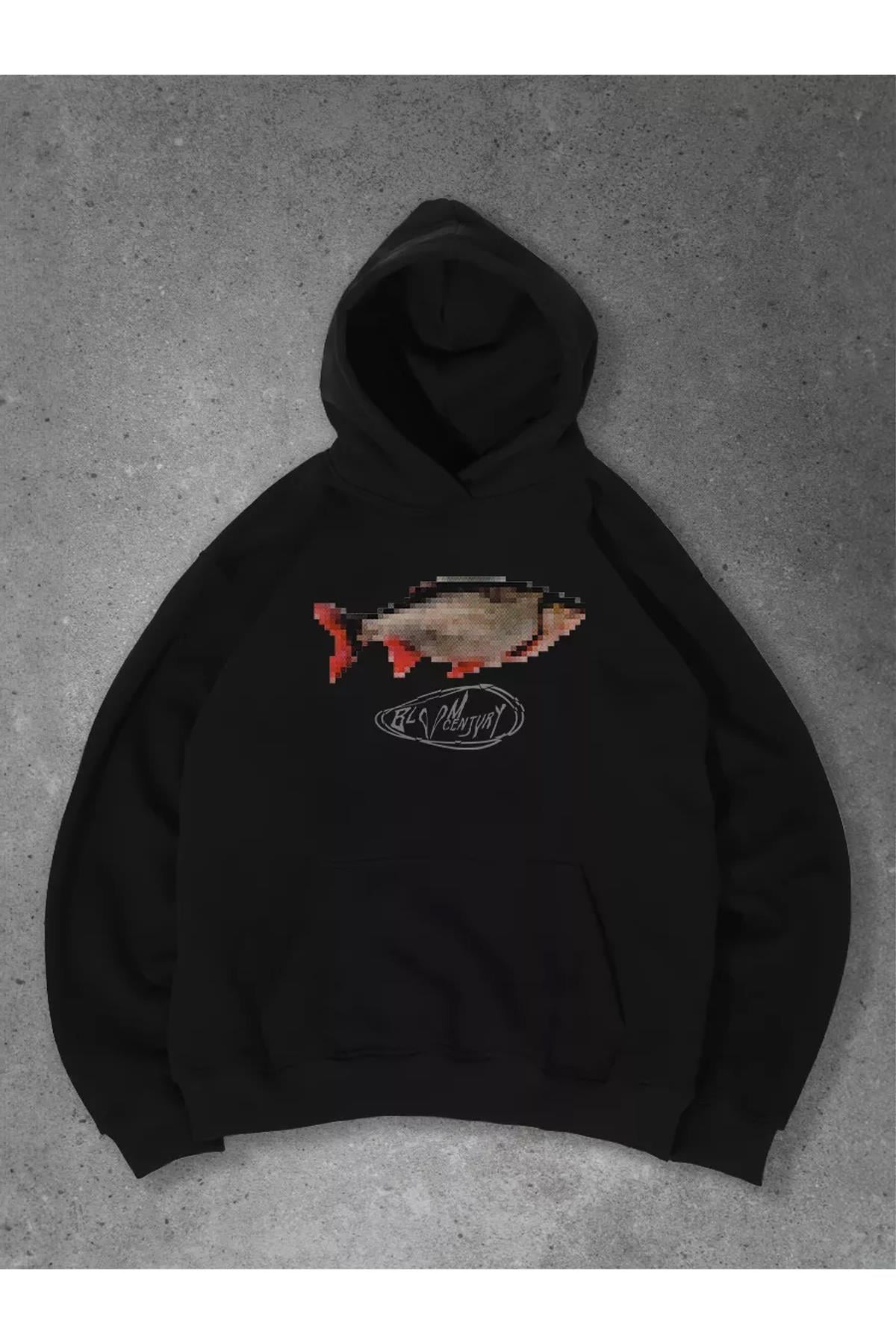 Unisex Pixel Fish Sweatshirt Siyah