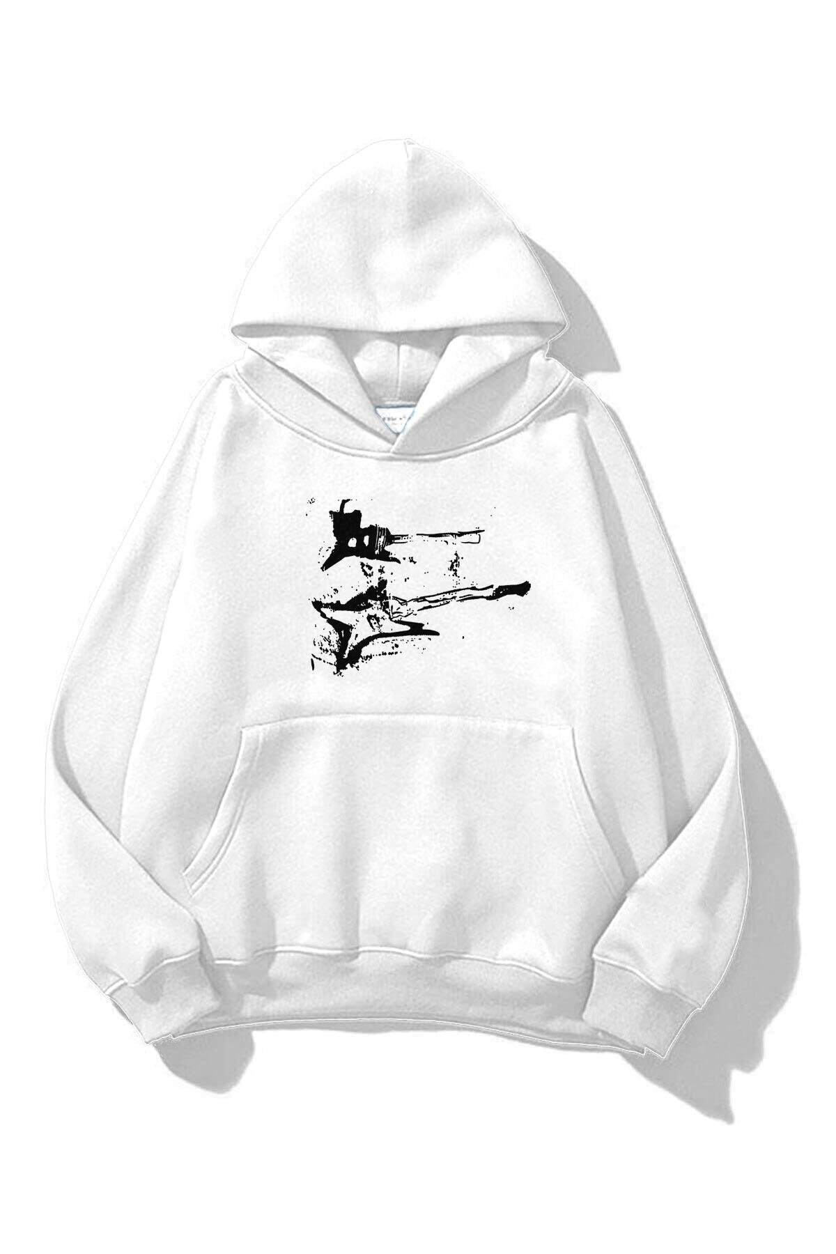 Unisex Punk Gitar Sweatshirt Beyaz