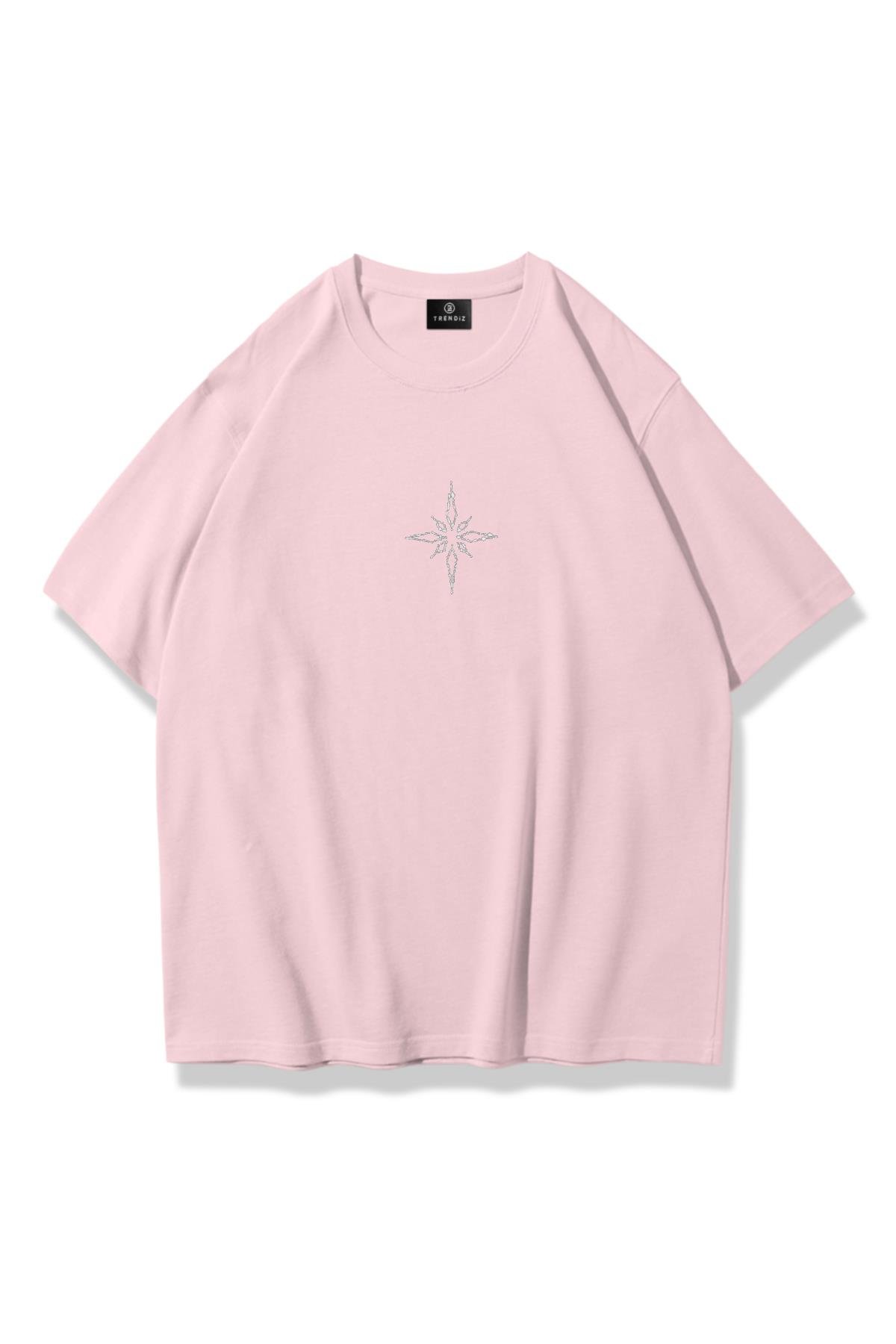 Unisex Pusula Taş Baskılı Tshirt Pembe