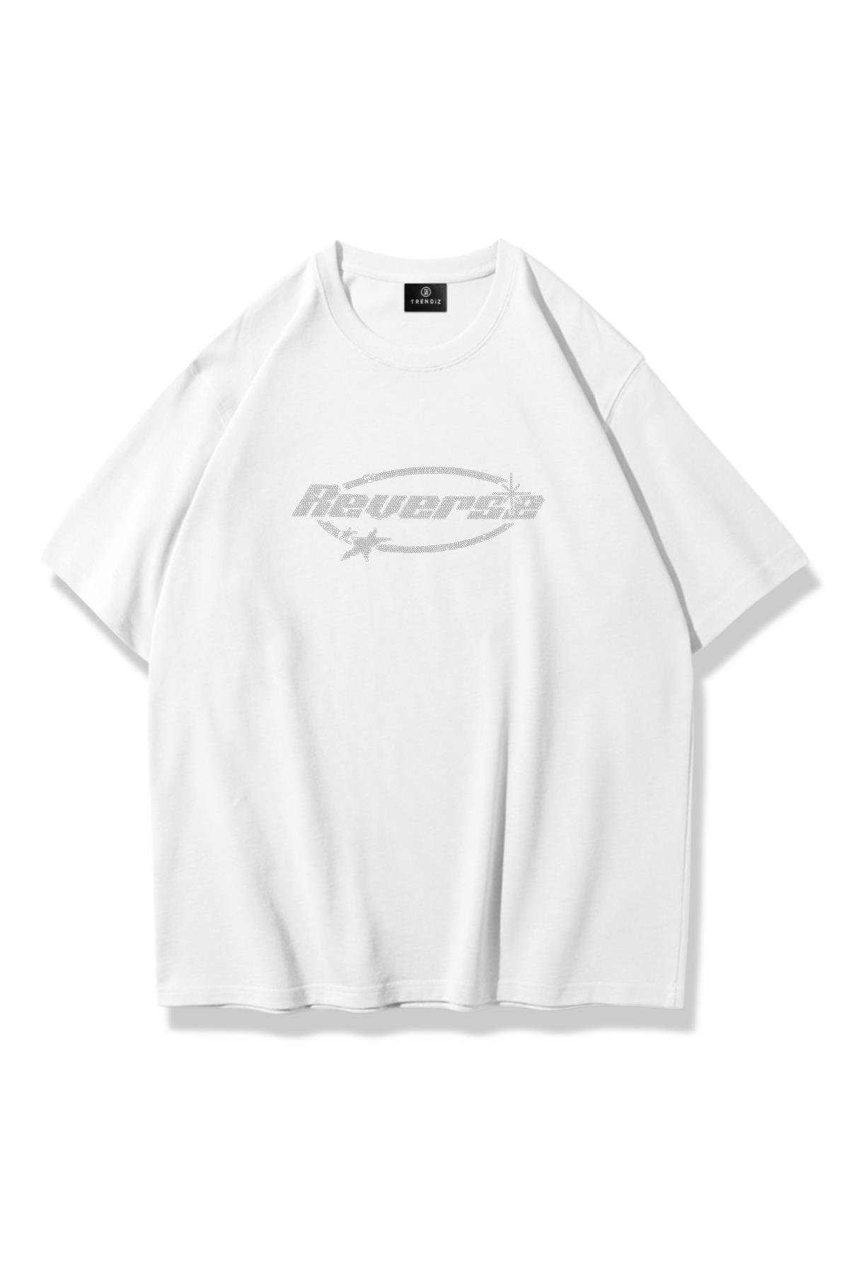 Unisex Reverse Taş Baskılı Tshirt Beyaz