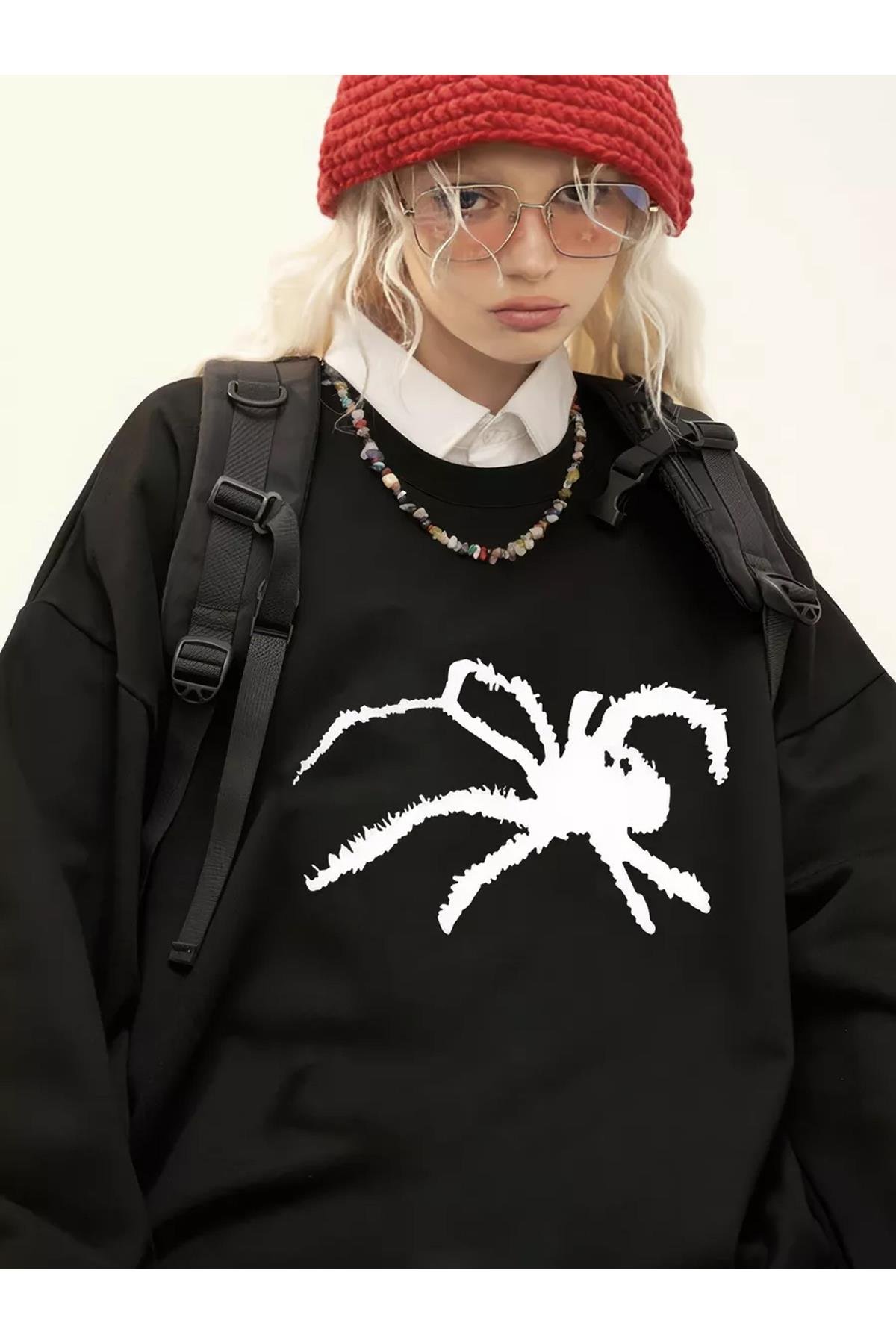Unisex Spider Bisiklet Yaka Sweatshirt Siyah