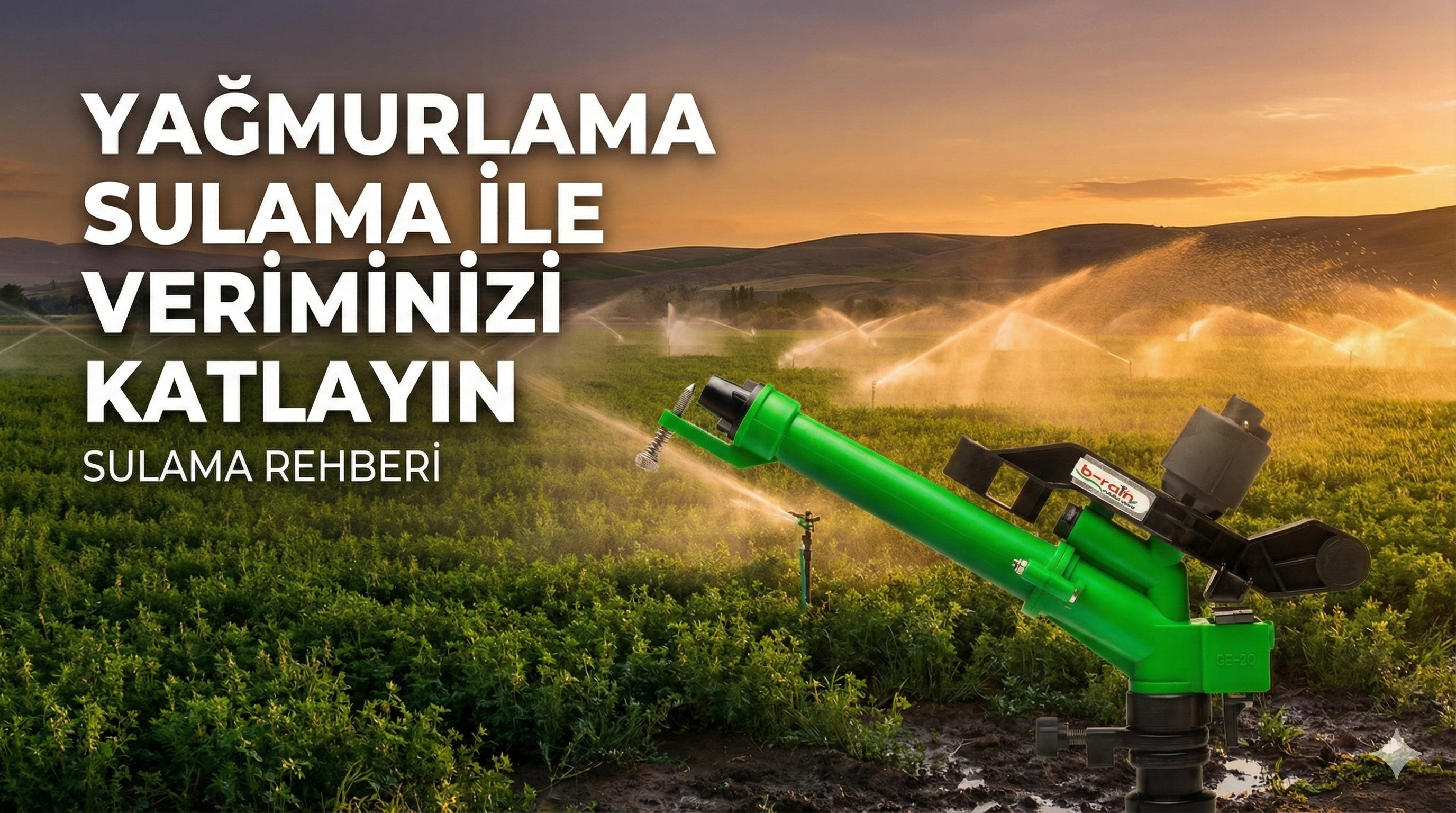 Cansu ve B-Rain fıskiyelerle yapılan verimli yağmurlama sulama sistemi ile sulanan yeşil tarım arazisi kapak görseli.