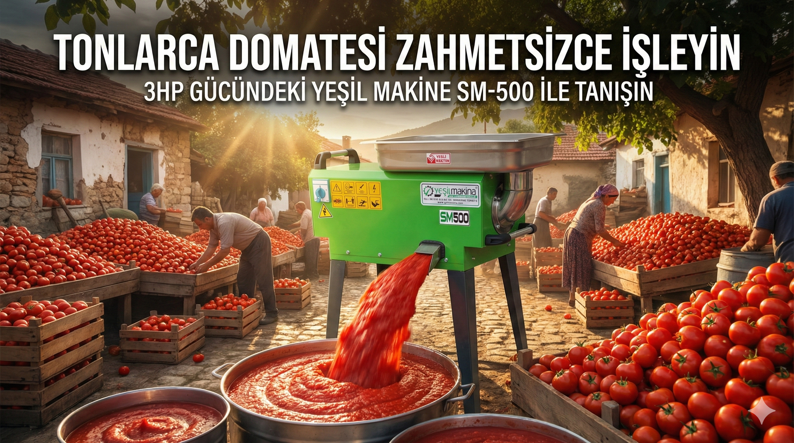Tonlarca domatesi zahmetsizce işleyen 3HP güçlü motora sahip profesyonel Yeşil Makine SM-500 elektrikli salça makinesi kapak görseli