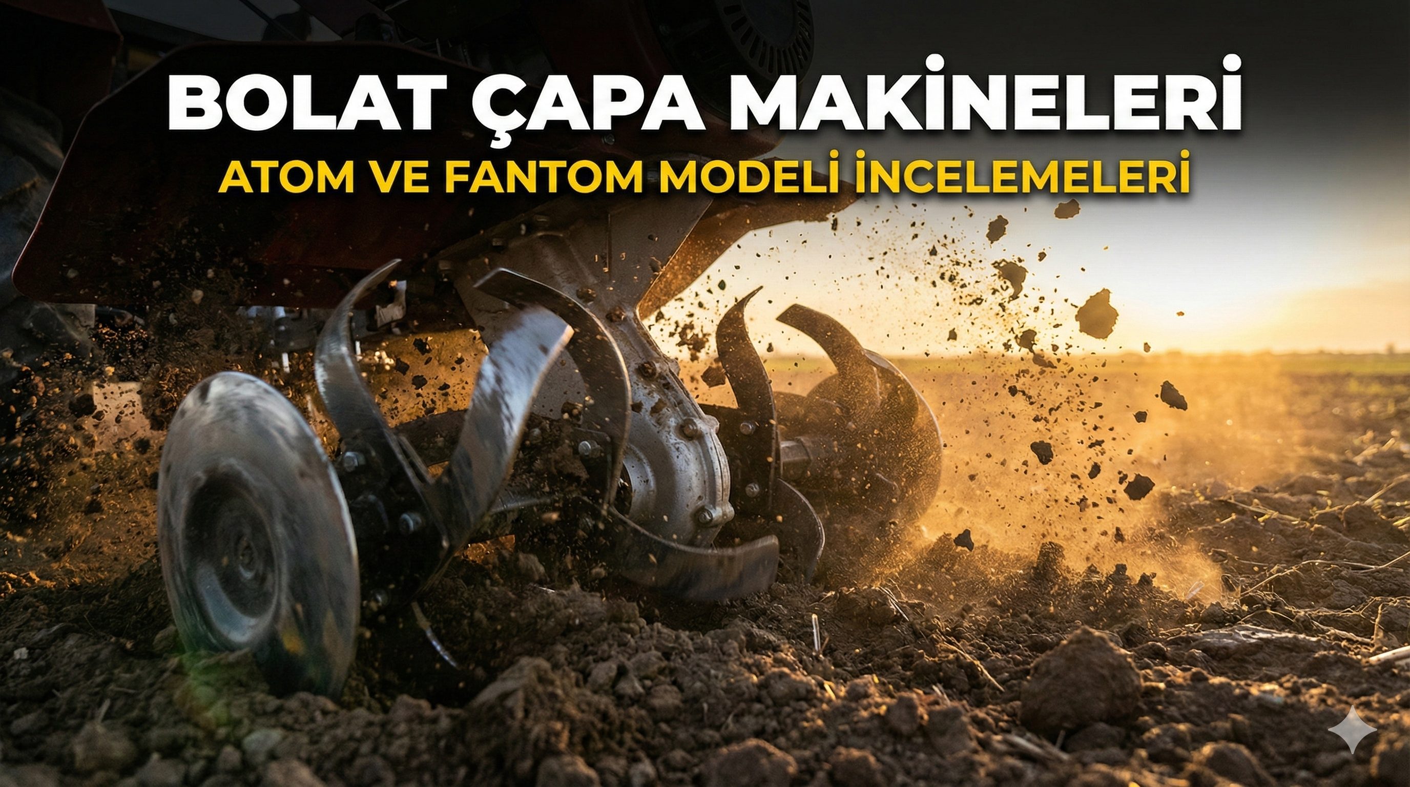 5 yıl şanzıman garantili Bolat Atom ve 2 yıl garantili Bolat Fantom benzinli çapa makineleri yan yana tarlada kapak görseli