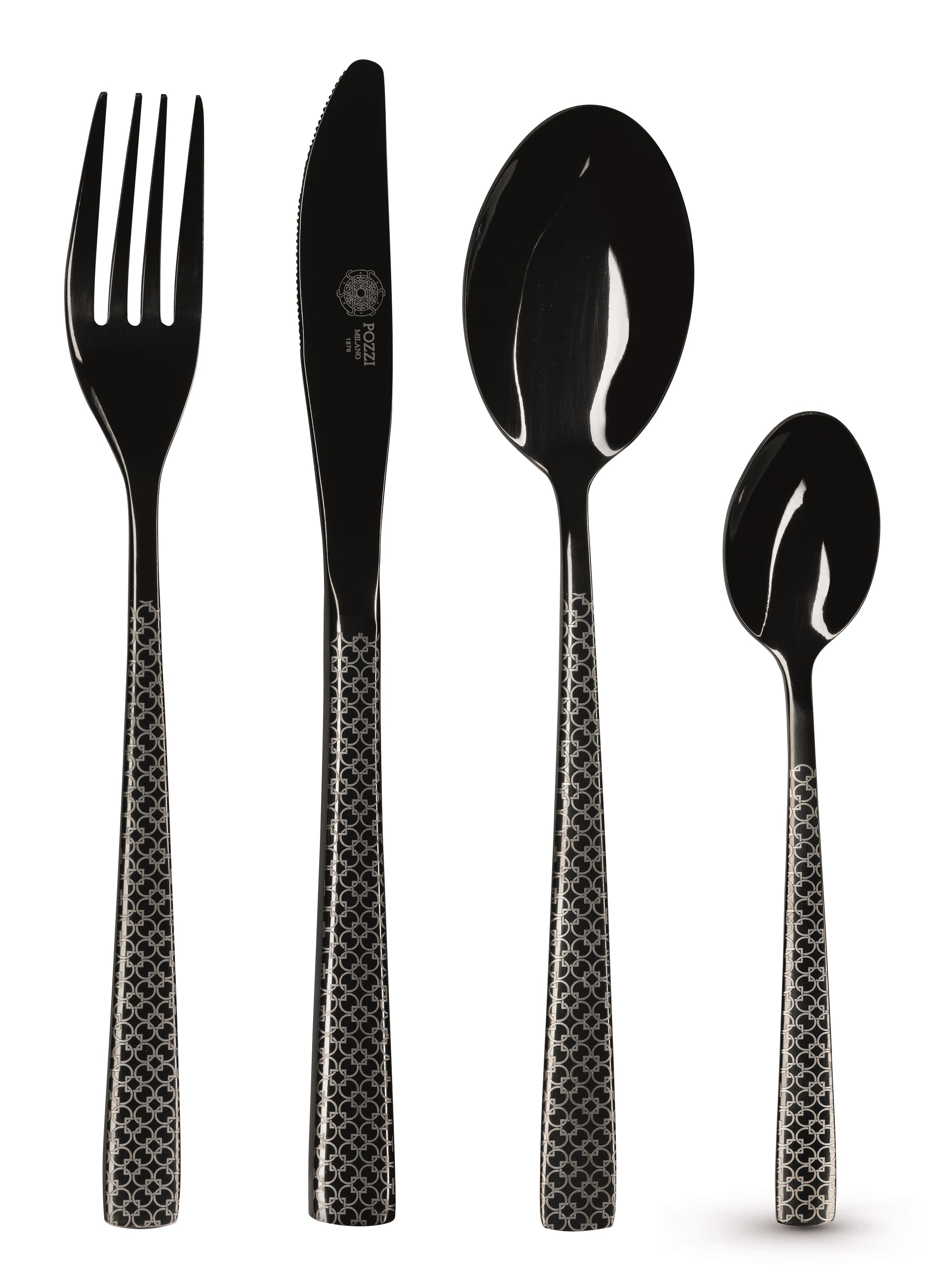 Pozzi Milano Essentials 24 Parça Çatal Bıçak Takımı Parlak Siyah Lazer Desenli - PM0112 B
