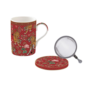 Easy Life Bengala Fine China Porselen Kulplu Bardak 350 ml Kapaklı ve Metal Demlikli