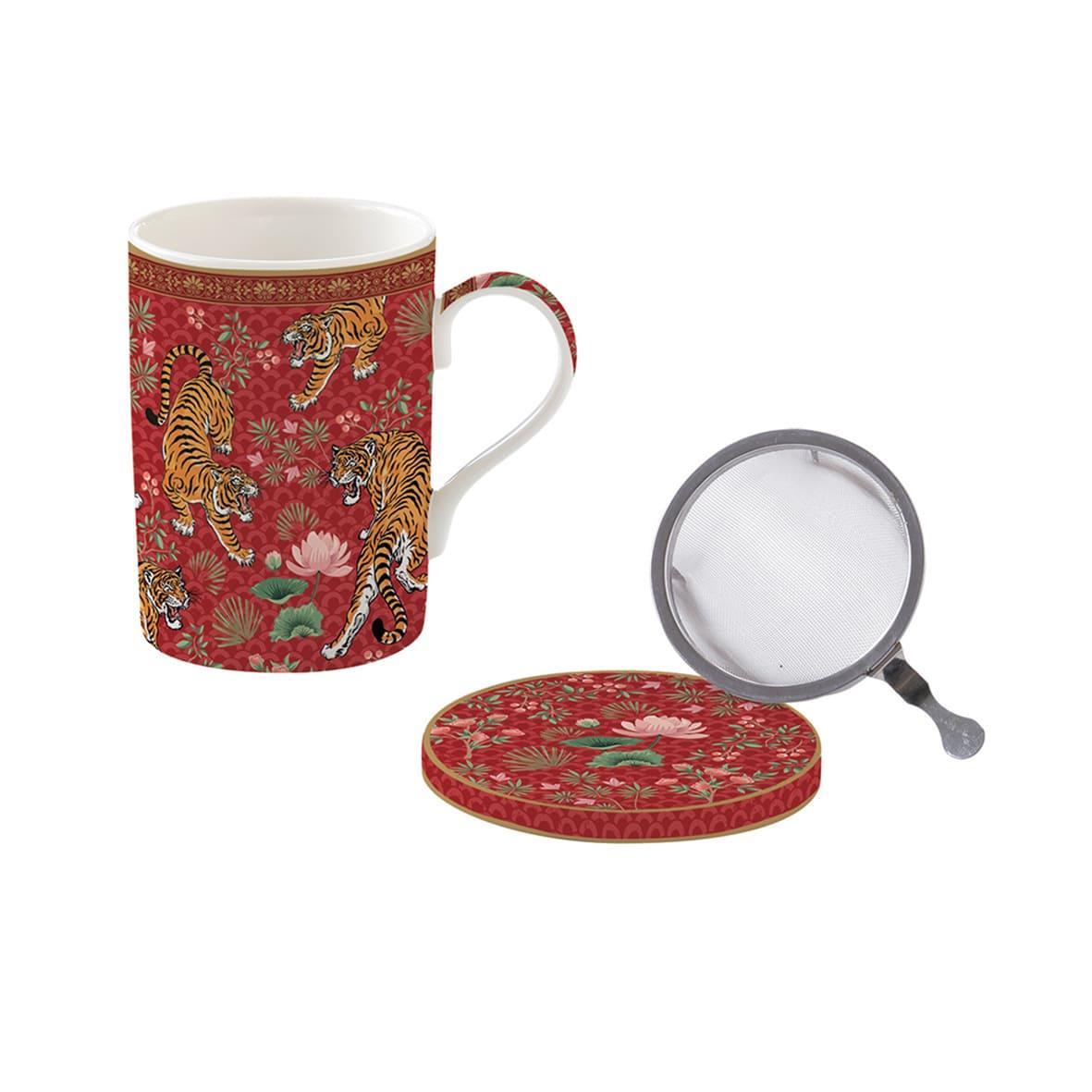 Easy Life Bengala Fine China Porselen Kulplu Bardak 350 ml Kapaklı ve Metal Demlikli