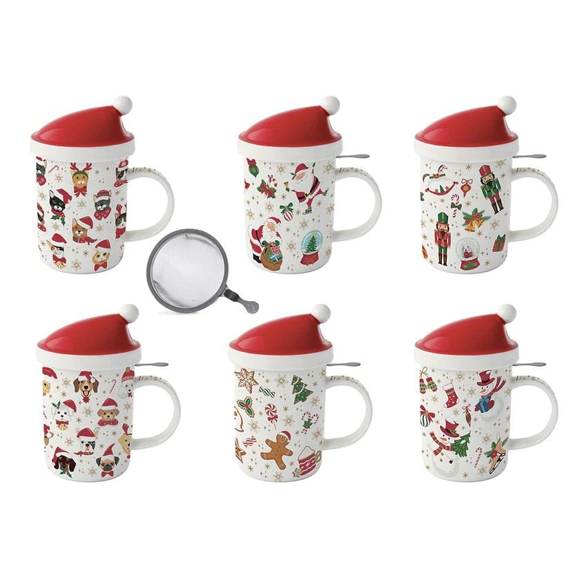 Easy Life Christmas Friends Porselen Kupa, Kapaklı ve Metal Demlikli 370 ml 6 Farklı Tasarım