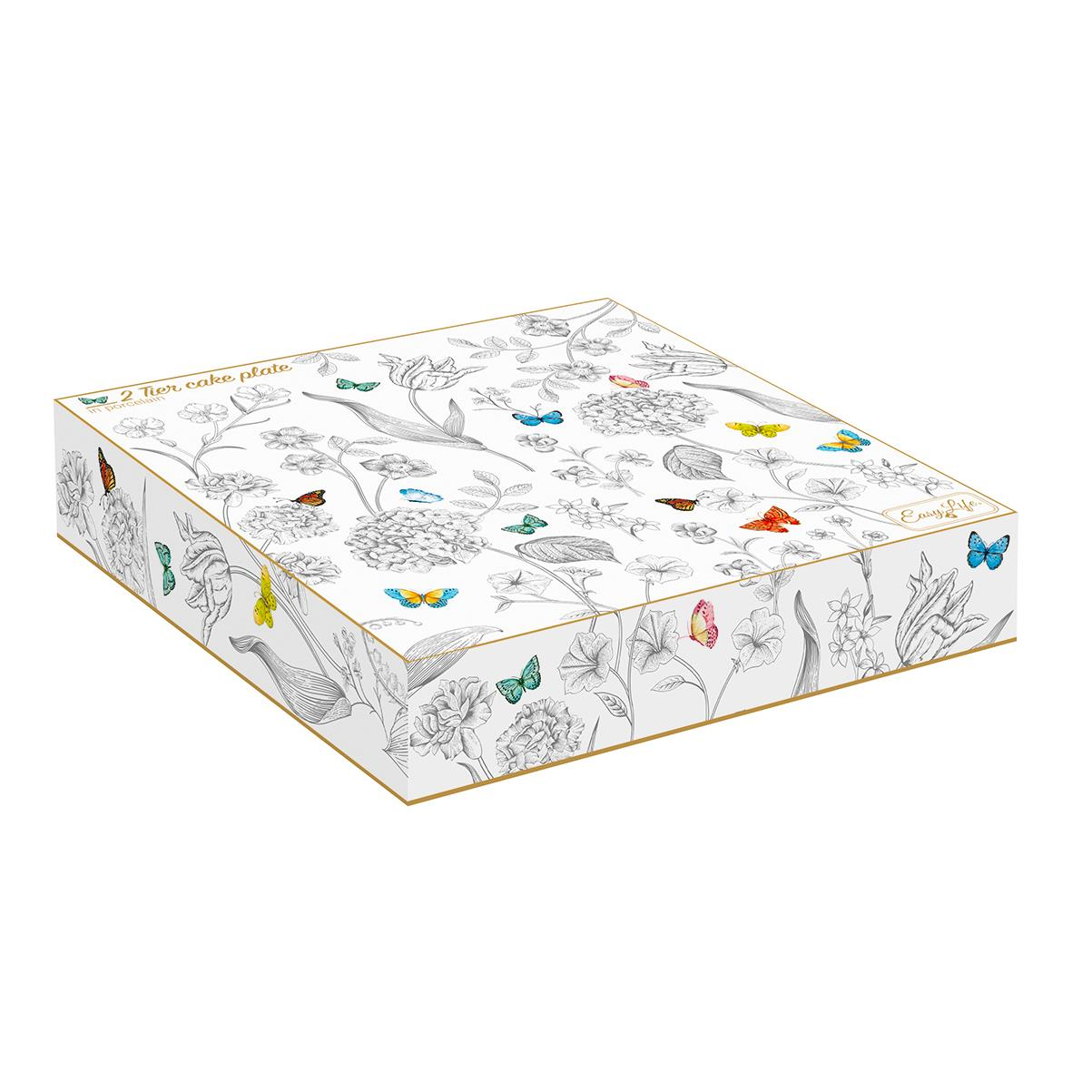 Easy Life Fleurs & Papillons Porselen 2 Katlı Pasta Tabağı Ø 16cm / Ø 21cm