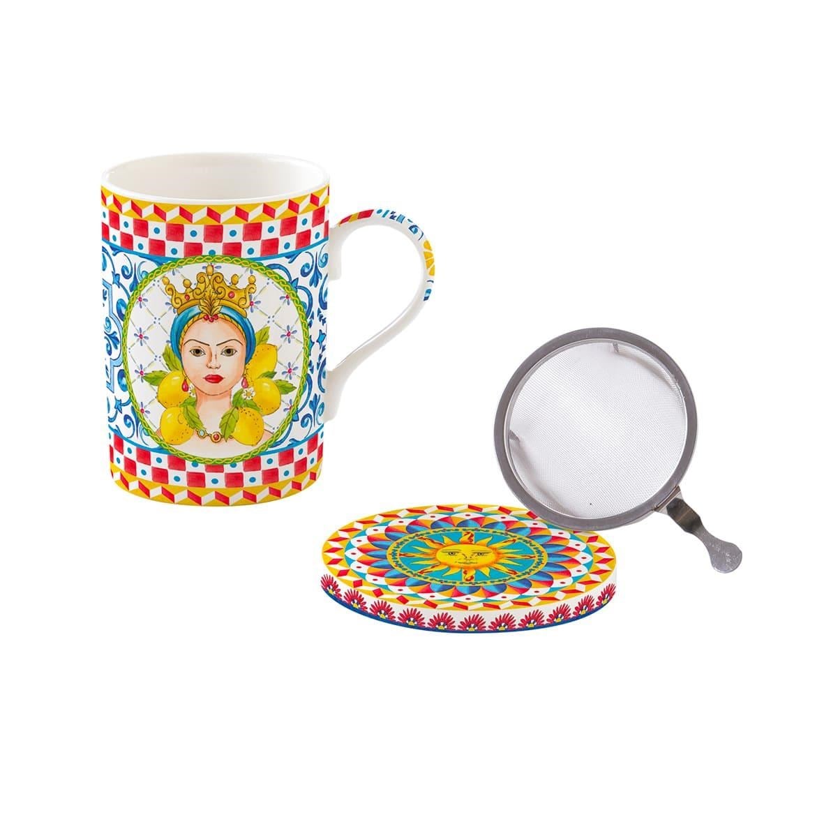 Easy Life Sicily Fine China Porselen Kulplu Bardak 350 ml Kapaklı ve Metal Demlikli