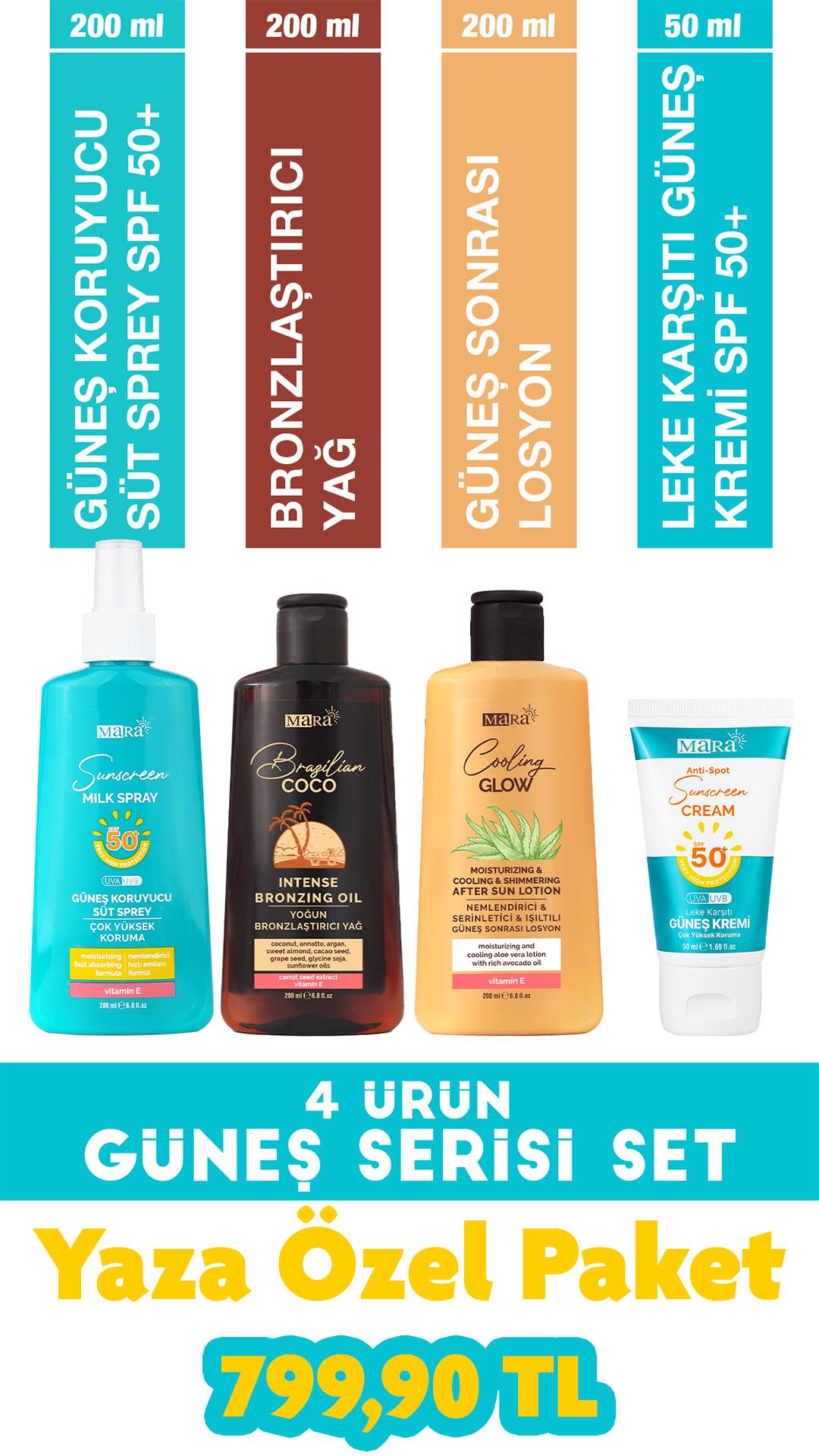Mara SPF50+ Güneş Koruma Bronzlaştırıcı Güneş Sonrası 4'lü Set