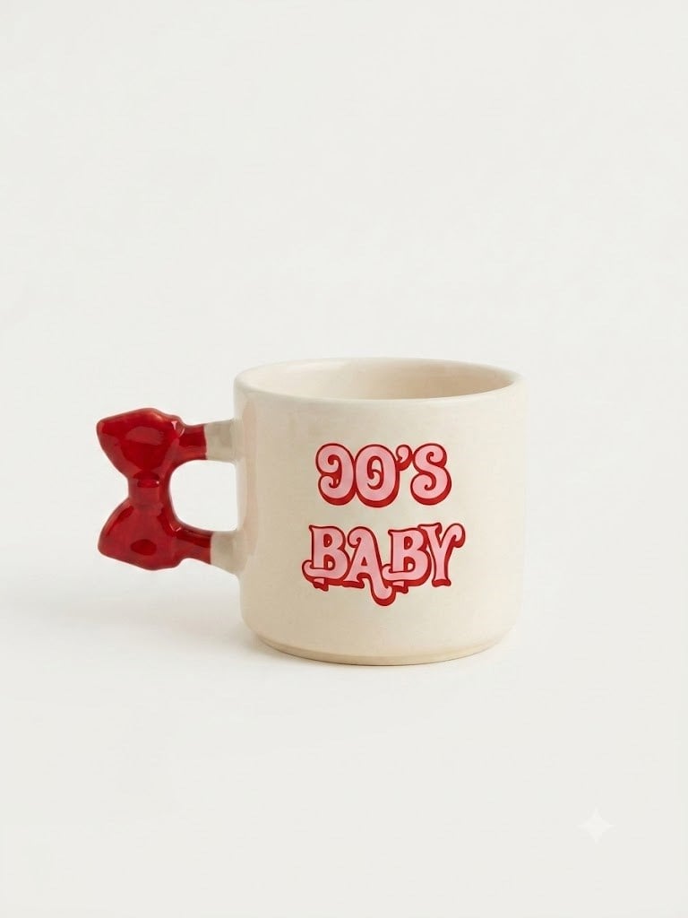 90Baby El Yapımı Krem Parlak Kurdele Kulp Kupa - El İşçiliği Hediyelik Kupa Bardak Mug