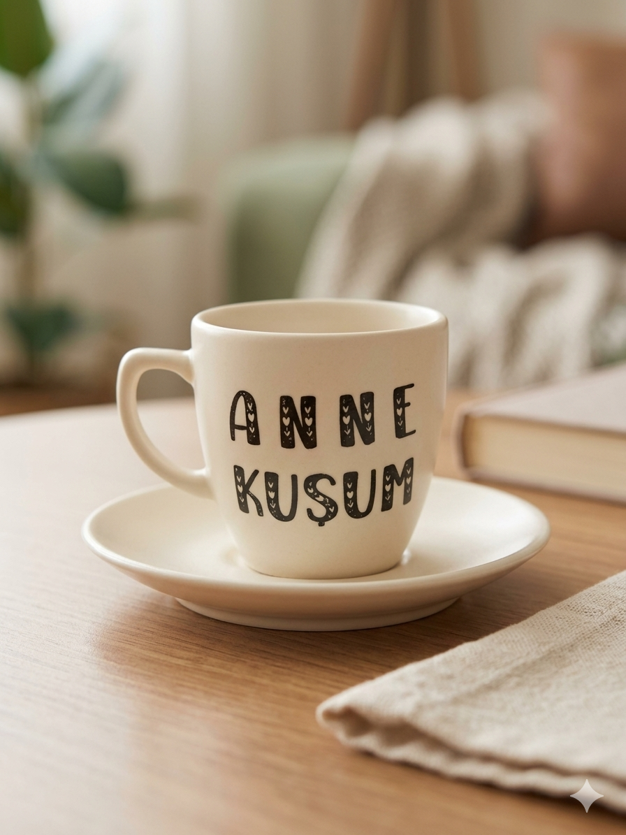 Anne Kuşum Krem Türk Kahvesi Fincanı - Hediye Seramik Türk Kahvesi Fincanı