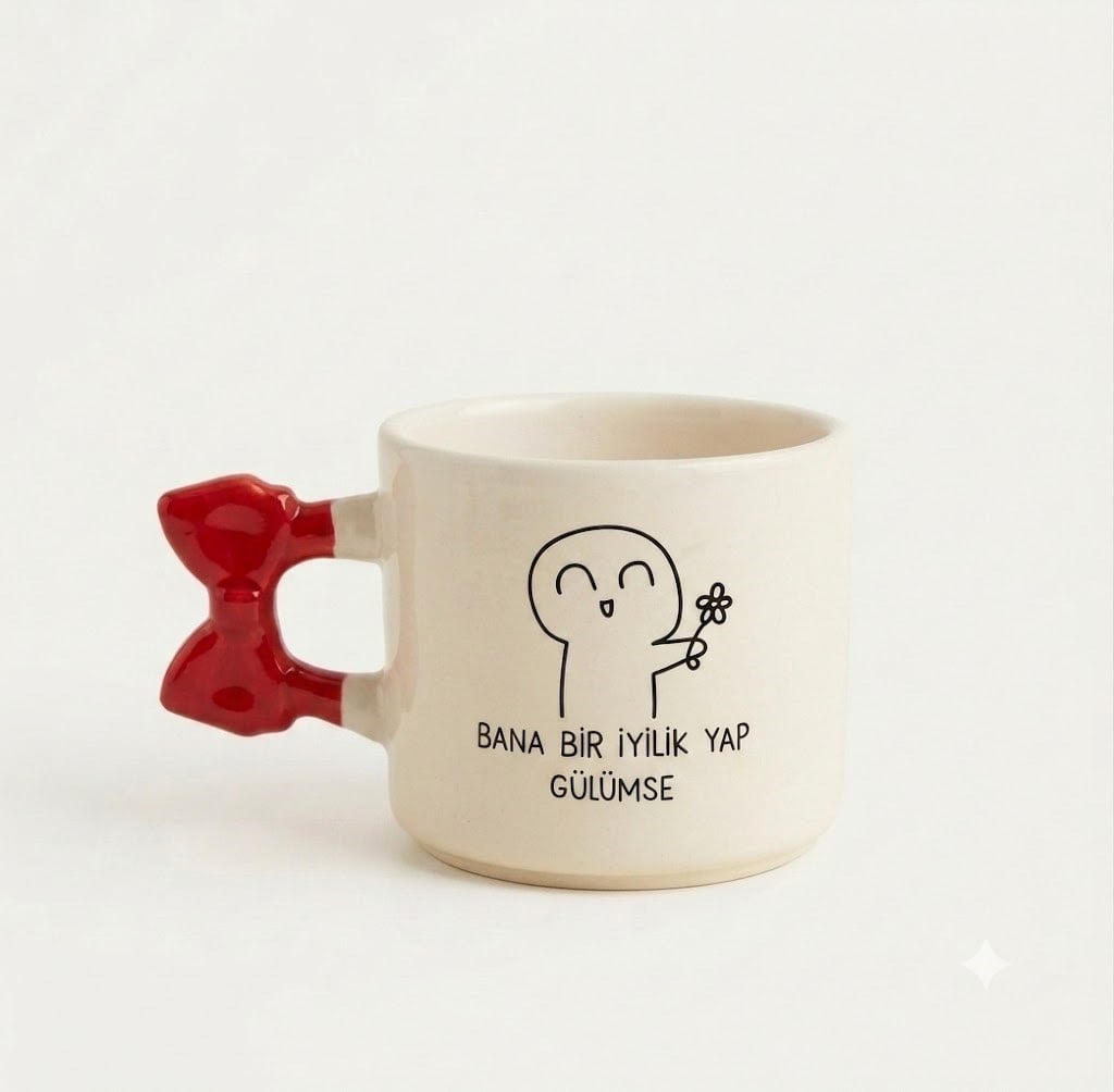 Bana Bir İyilik Yap Gülümse El Yapımı Krem Parlak Kurdele Kulp Kupa - El İşçiliği Hediyelik Kupa Bardak Mug