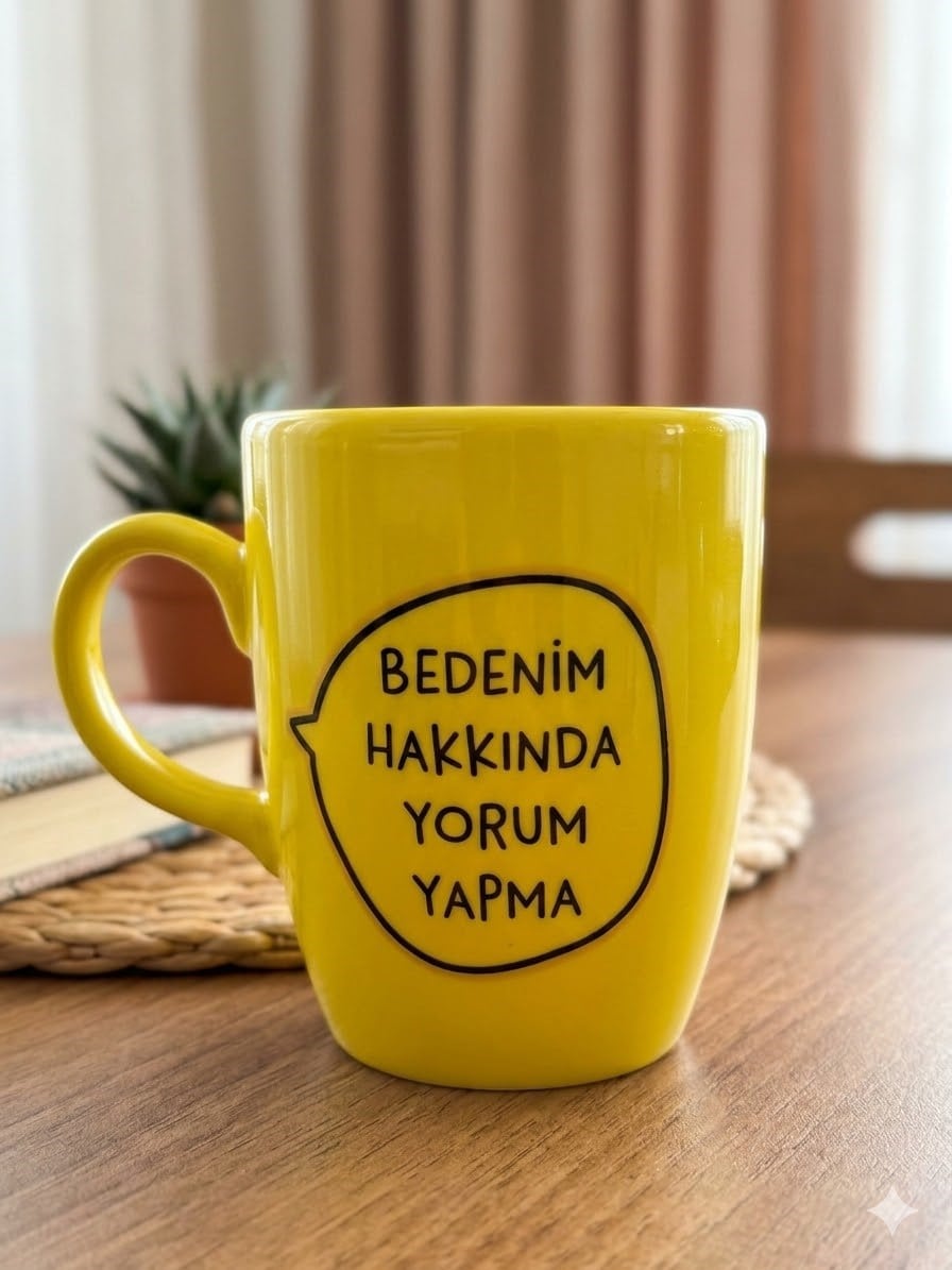 Bedenim Hakkında Yorum Yapma Sarı Oval Kupa - Hediyelik Kupa Fincan Mug