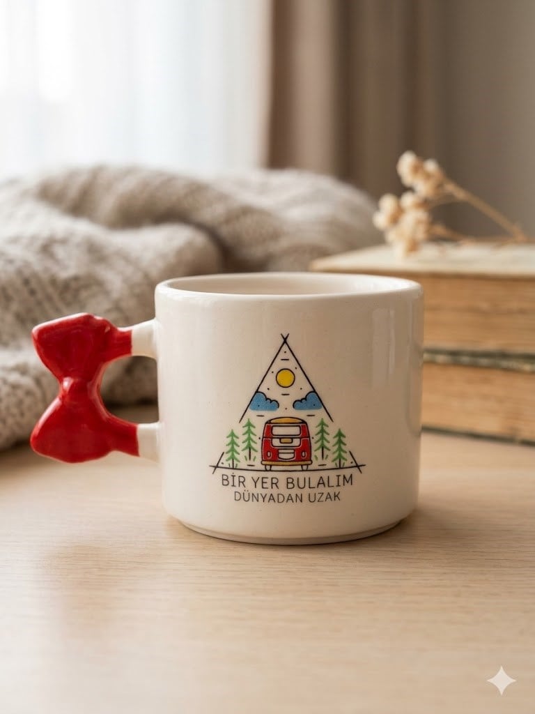 Bir Yer Bulalım Dünyadan Uzak El Yapımı Krem Parlak Kurdele Kulp Kupa - El İşçiliği Hediyelik Kupa Bardak Mug
