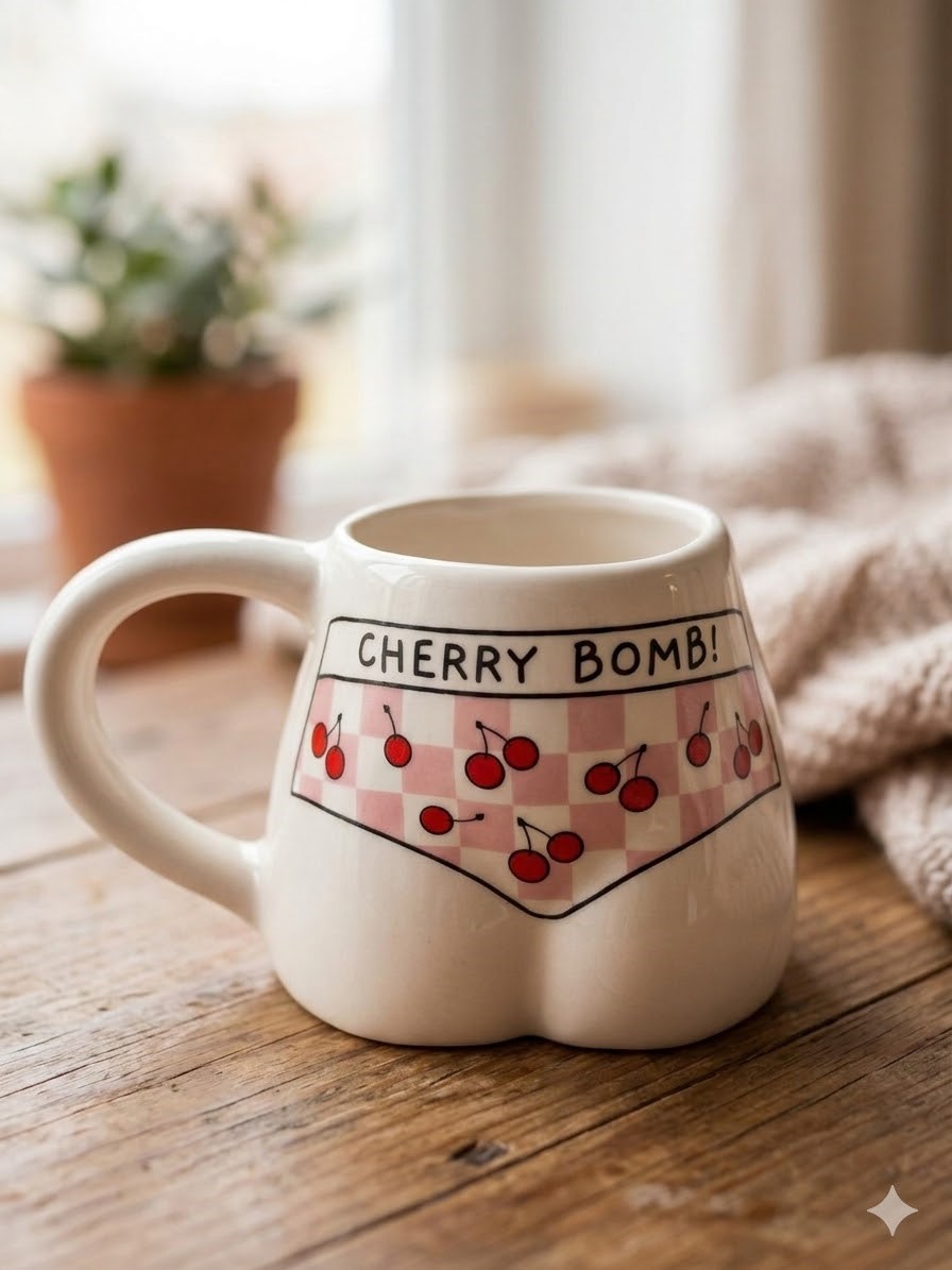 Cherry Bomb! Bikinili El Yapımı Beyaz Parlak Popo Kupa - El İşçiliği Hediyelik Kupa Bardak Mug