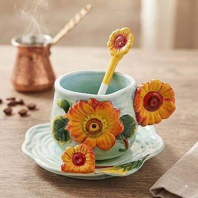 Çiçek Motifli 3D Kabartma Kupa - Dekoratif Kahve ve Çay Bardağı