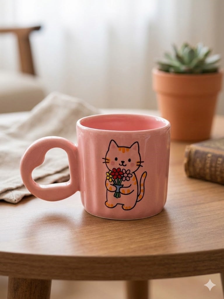 Çiçek Tutan Kedi Baskılı El Yapımı Pembe Parlak Eros Kupa - El İşçiliği Hediyelik Kupa Bardak