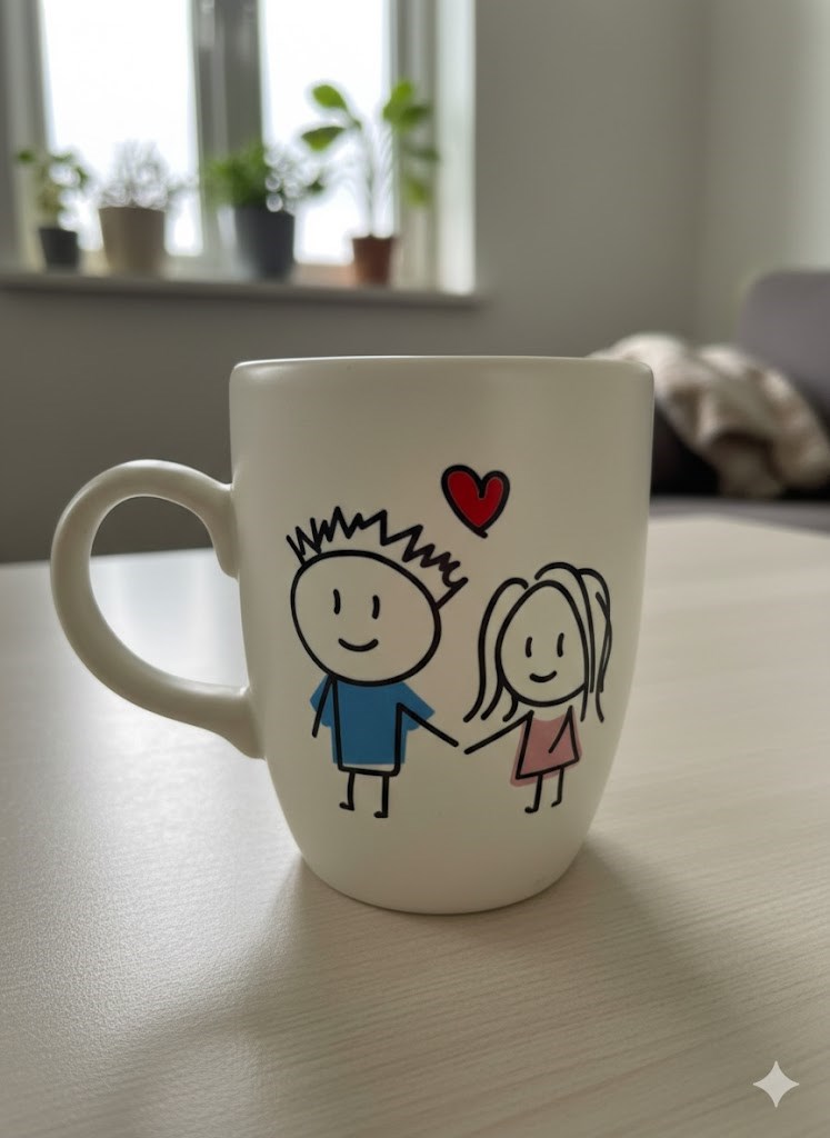 Çizim Aşk Krem Oval Kupa - Hediyelik Kupa Fincan Mug