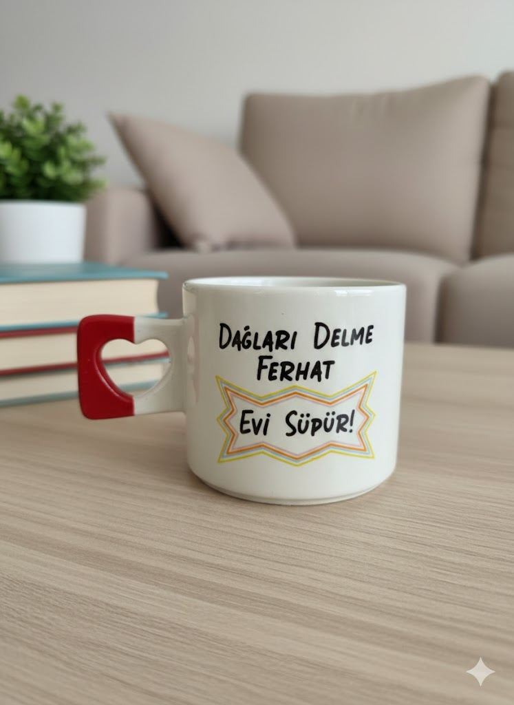 Dağları Delme Ferhat Evi Süpür Kalp Kulp Kupa - Hediye Seramik Kupa