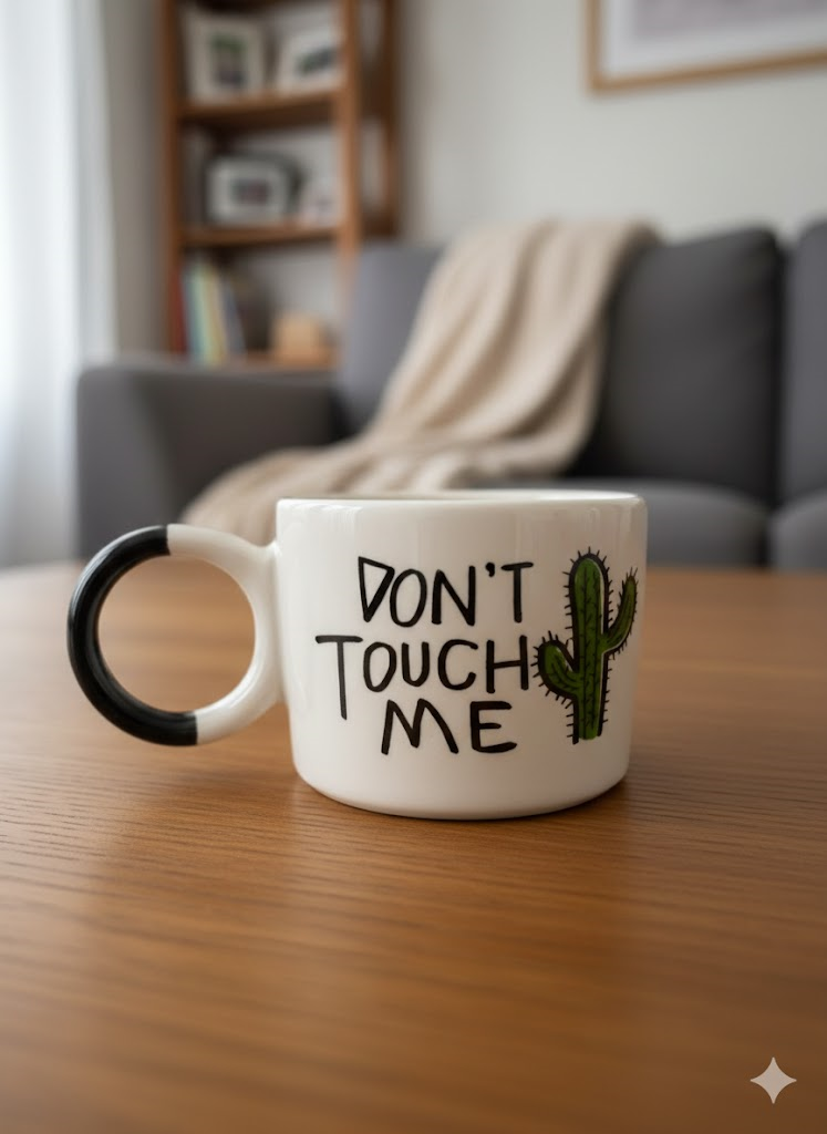 Dont Touch Me Krem Parlak Düğüm Kulp Fincan (Siyah Kulp) - Hediye Seramik Fincan